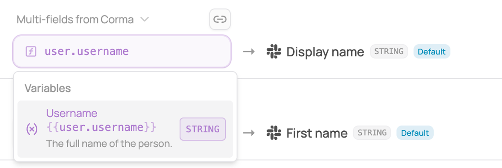 Field mapping row with user.username input and a Variables dropdown showing the Username variable
