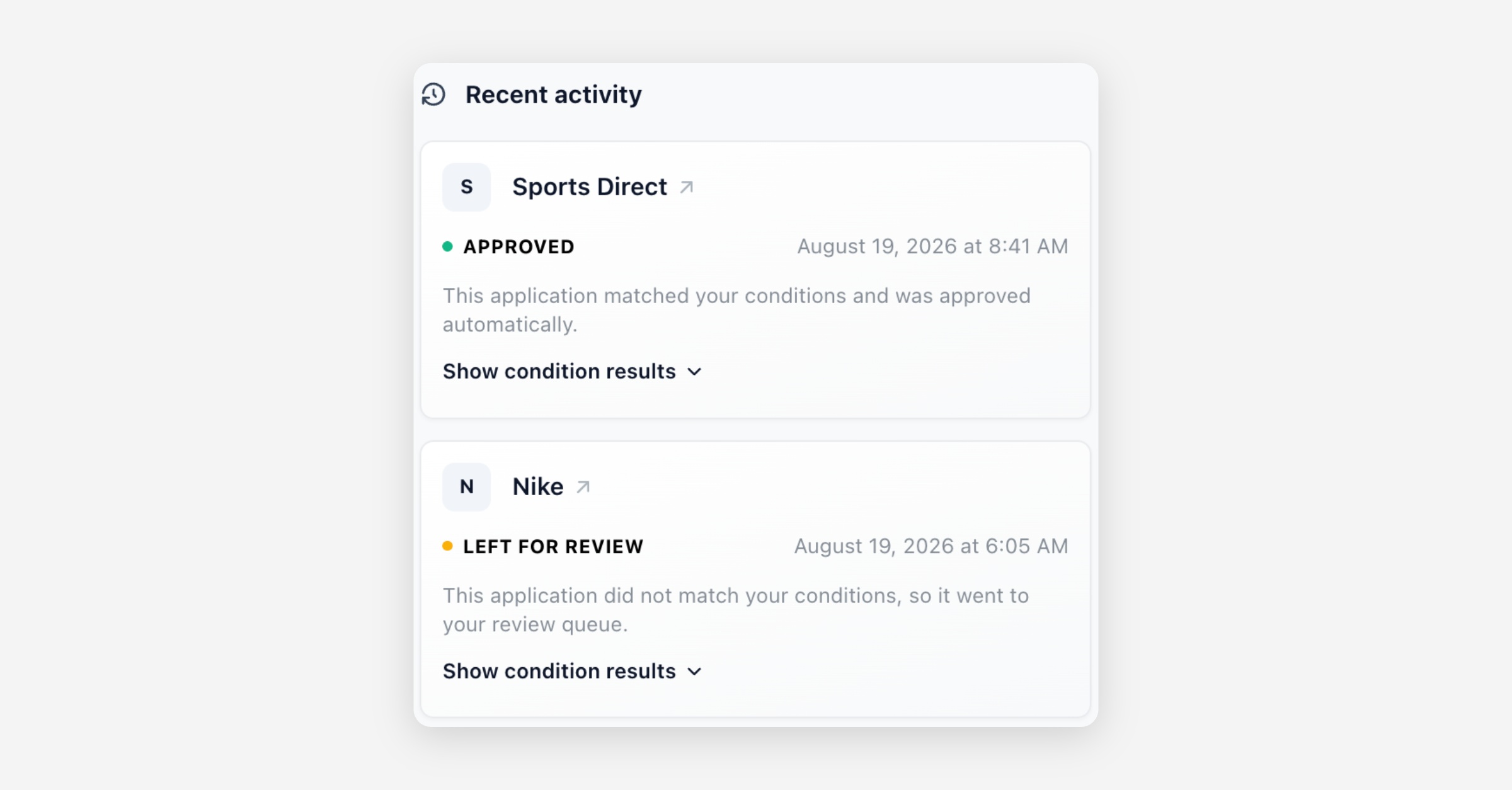 Recent activity panel showing application status entries for Sports Direct and Nike