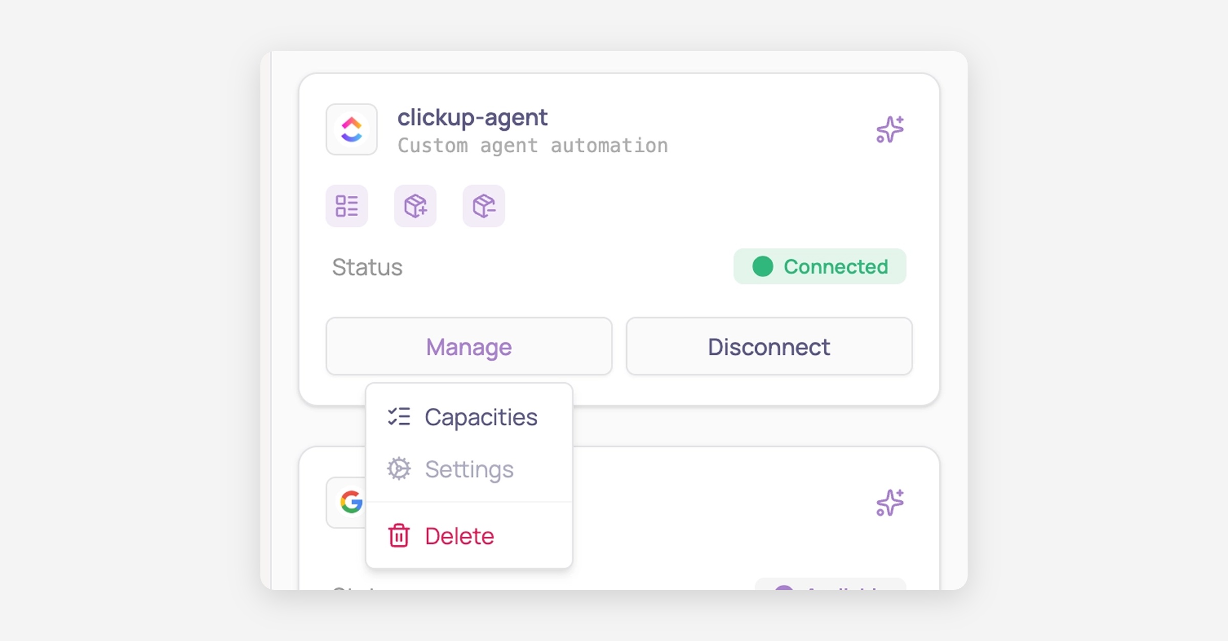 clickup-agent integration card with Manage menu open showing Capacities, Settings, Delete