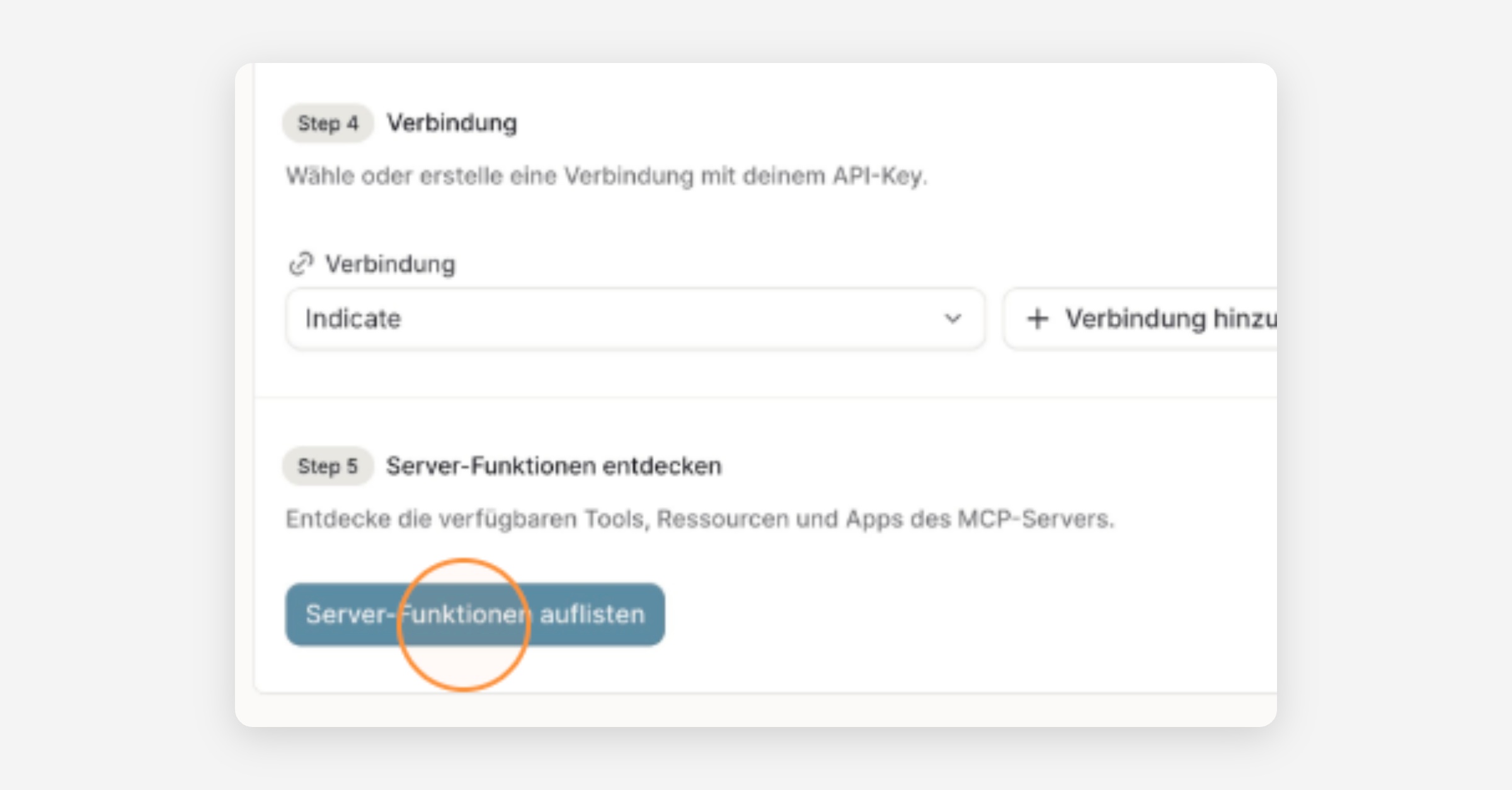 Setup steps showing connection selection and server function discovery