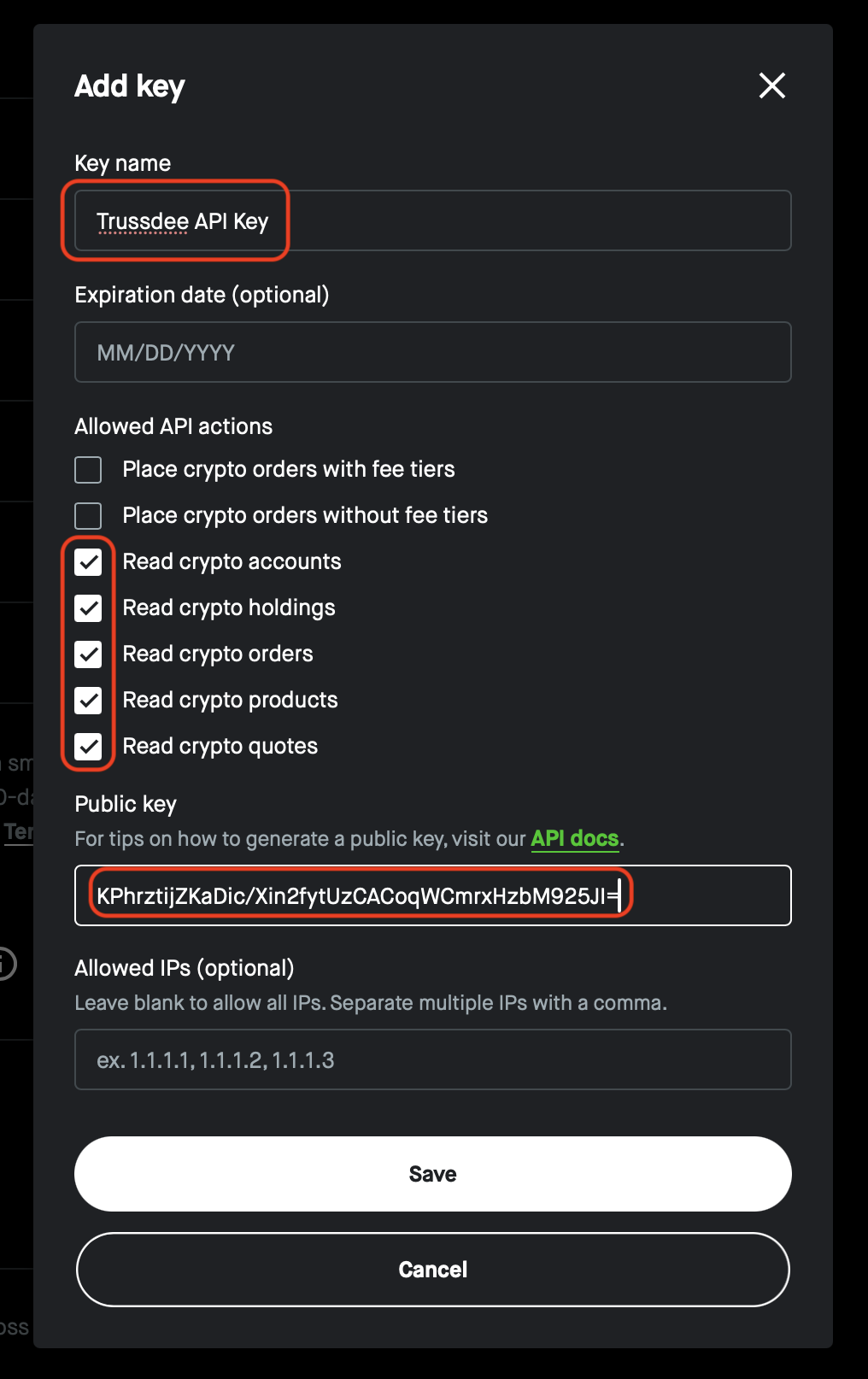 Robinhood API key form with name, Read permissions, and public key fields.