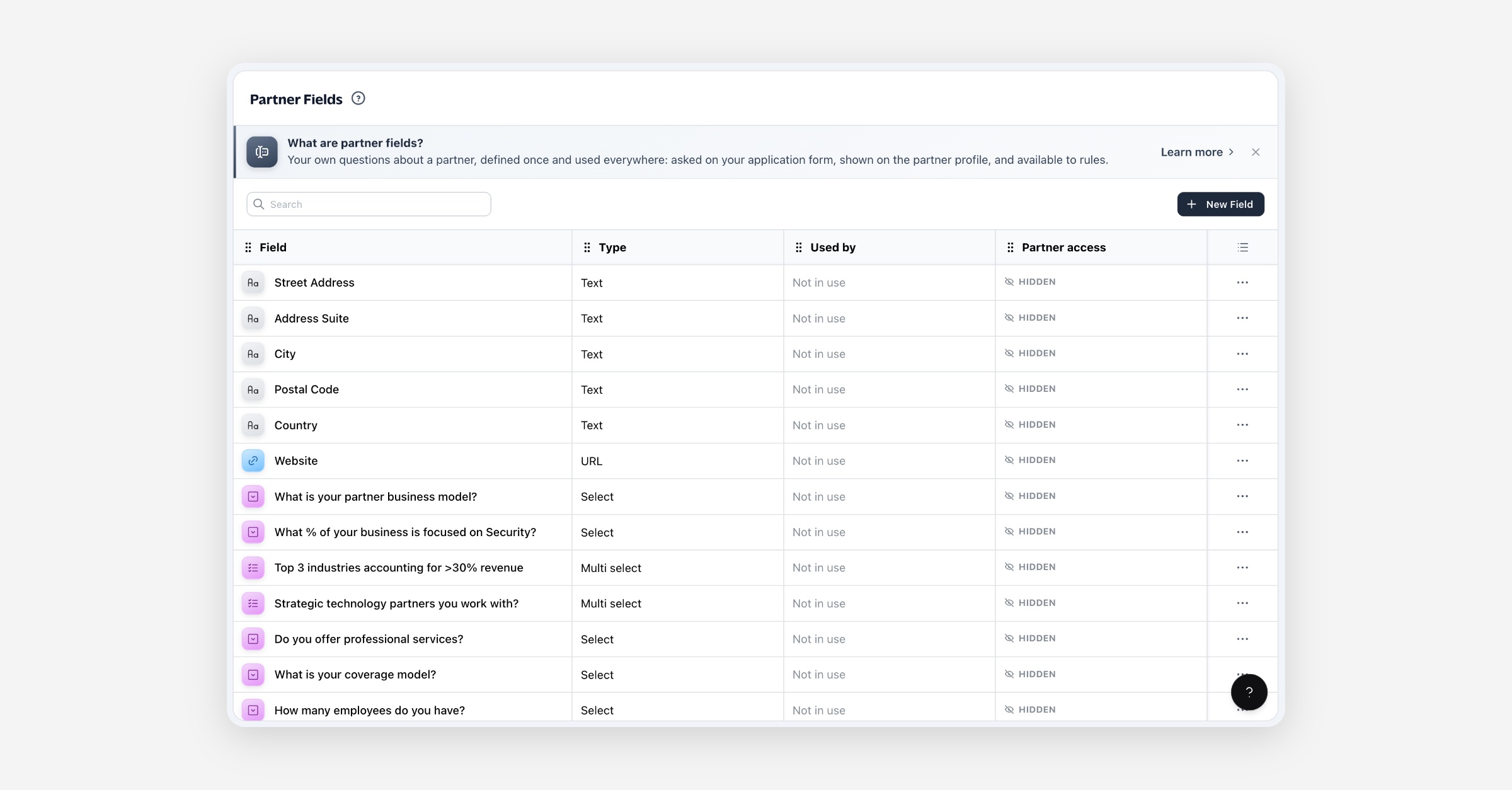 Partner Fields settings table listing custom partner questions with type, usage, and access columns