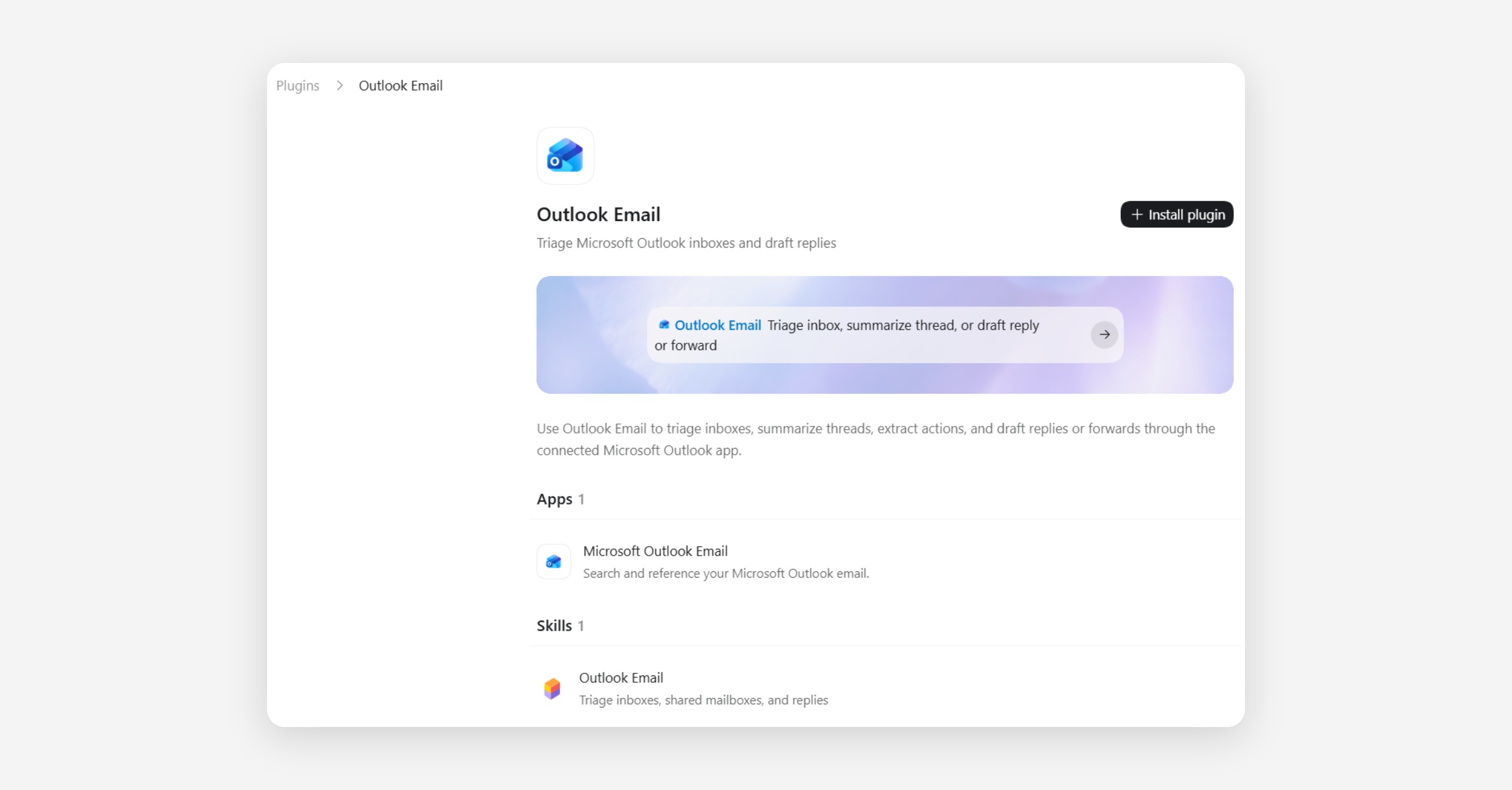 Outlook Email plugin detail page with install option