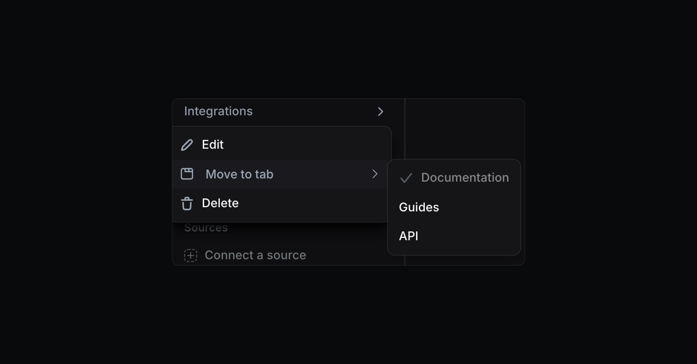 The group menu for Integrations, with Move to tab open and Documentation, Guides and API listed