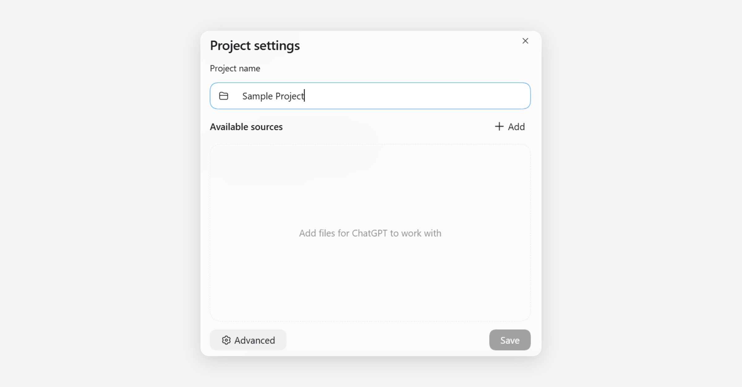 Project settings dialog with project name field and available sources area