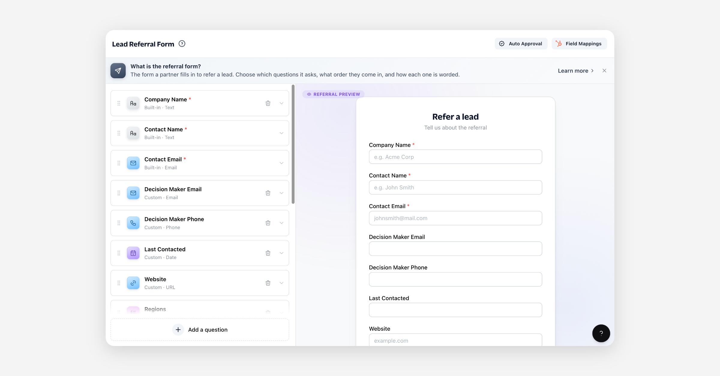 Lead Referral Form builder with field list and live preview