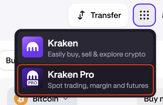 Kraken app switcher showing Kraken Pro.