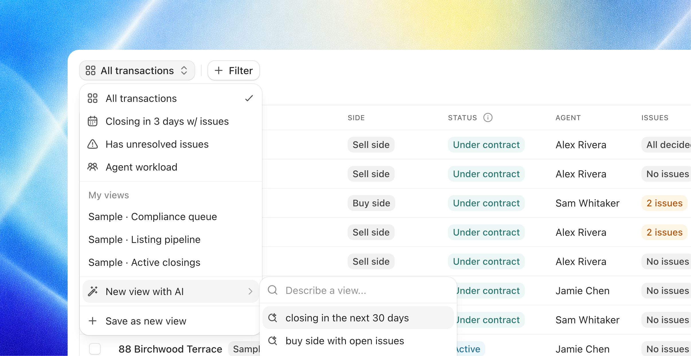 Transaction list view menu open with New view with AI submenu