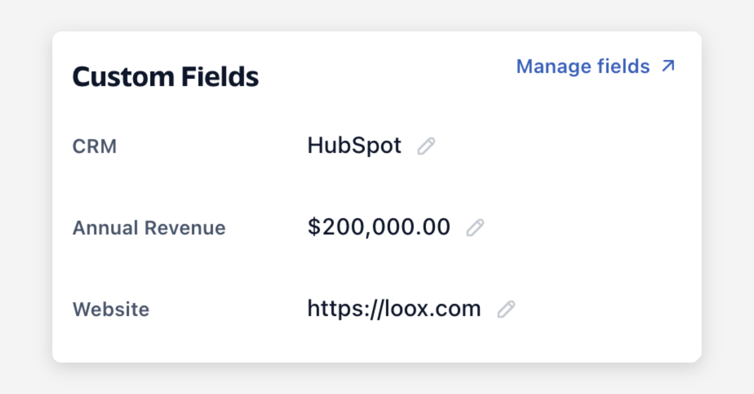Custom Fields panel showing CRM, Annual Revenue, and Website values