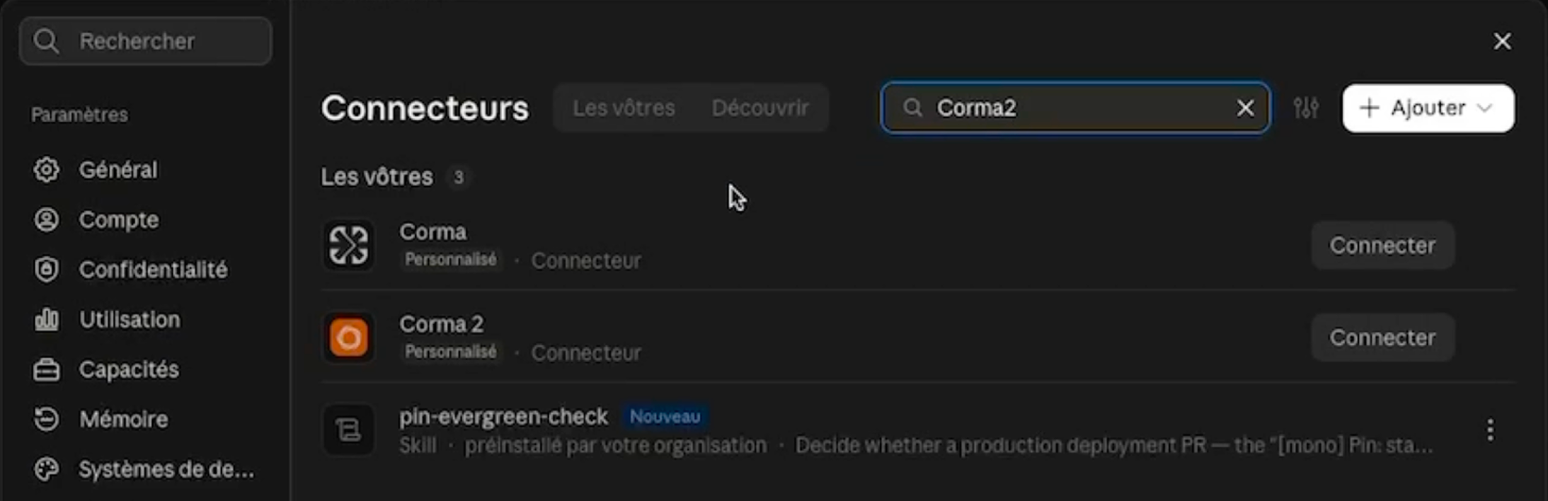 Connecteurs settings screen in French, searching "Corma2" with Corma, Corma 2 and a skill listed