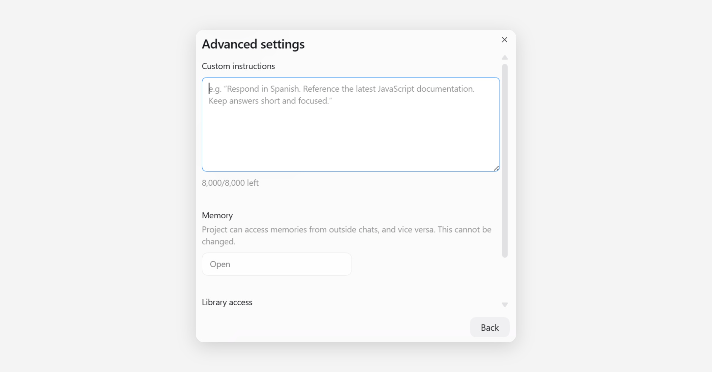 Advanced settings dialog with custom instructions, memory, and library access