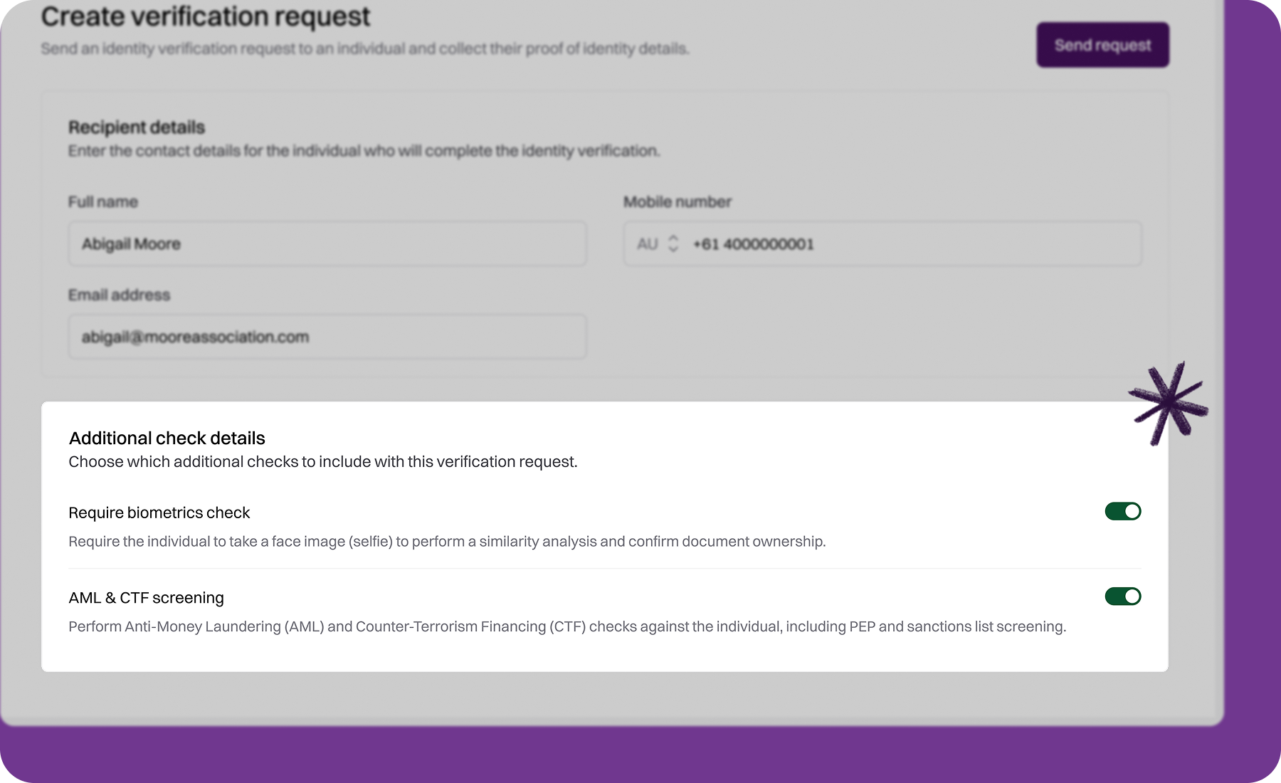 Create verification request form with recipient details and additional check toggles