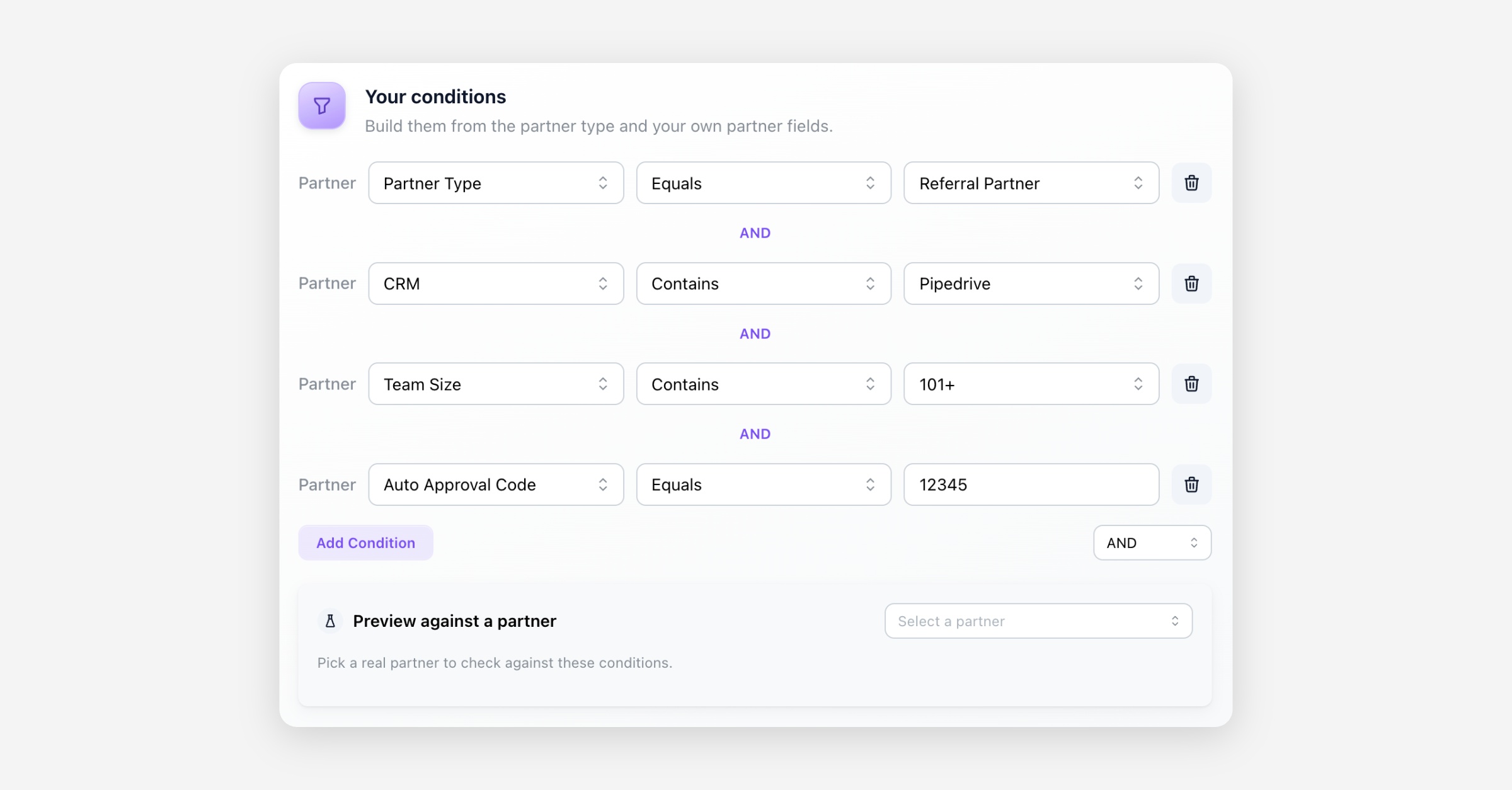 Conditions builder with four partner rules and a partner preview selector
