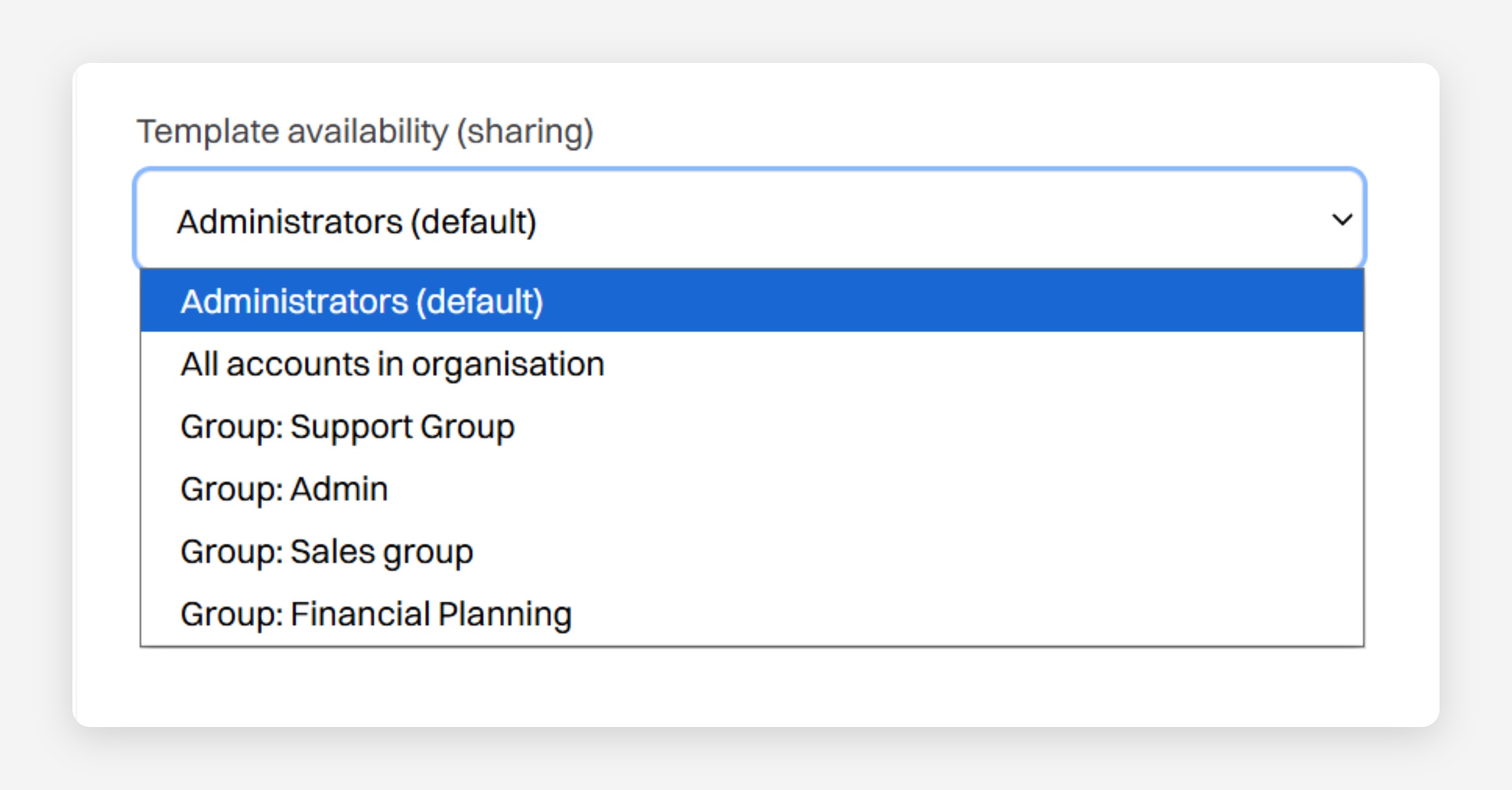 Template availability dropdown open, showing sharing options