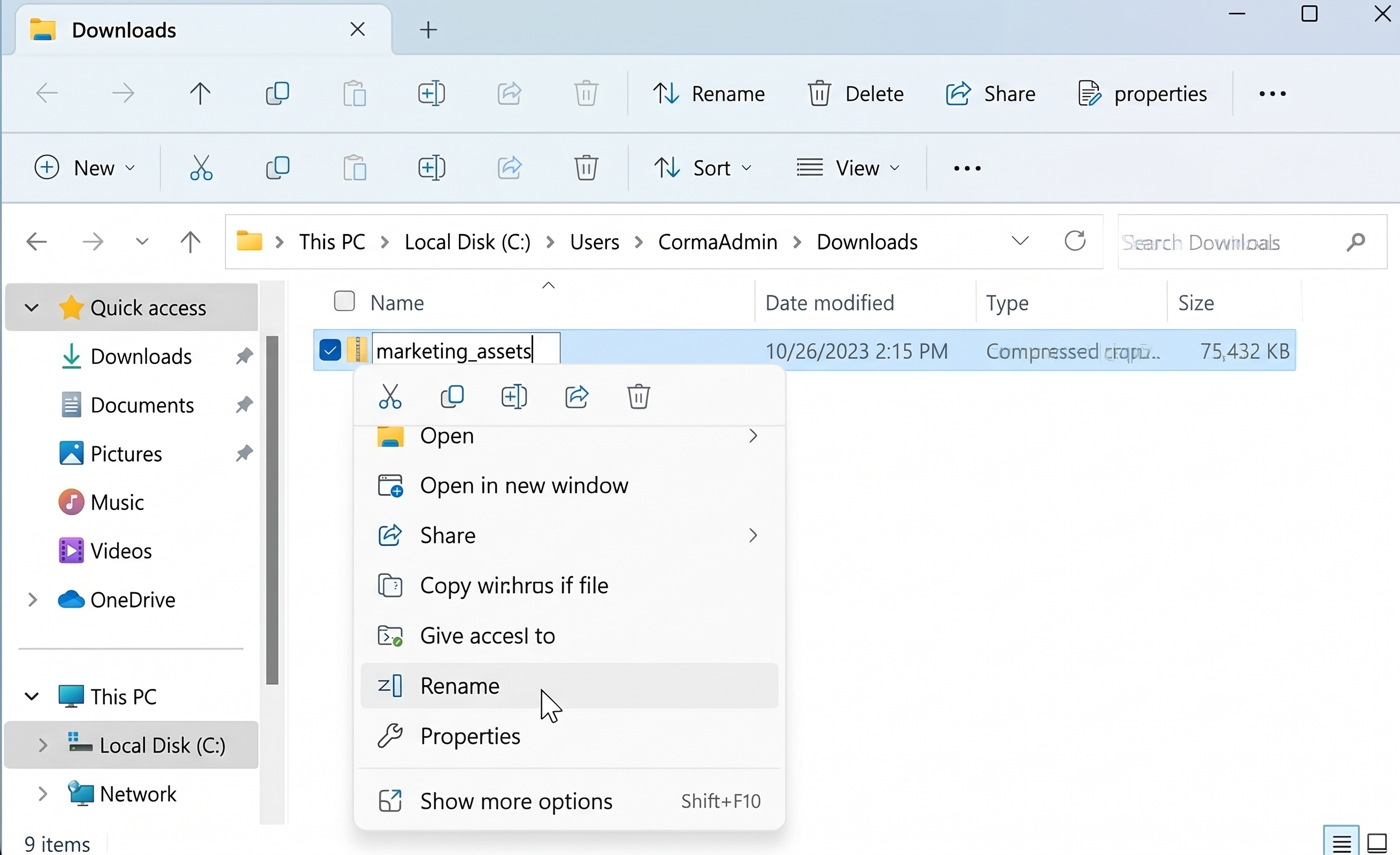 Windows File Explorer context menu renaming a file in Downloads