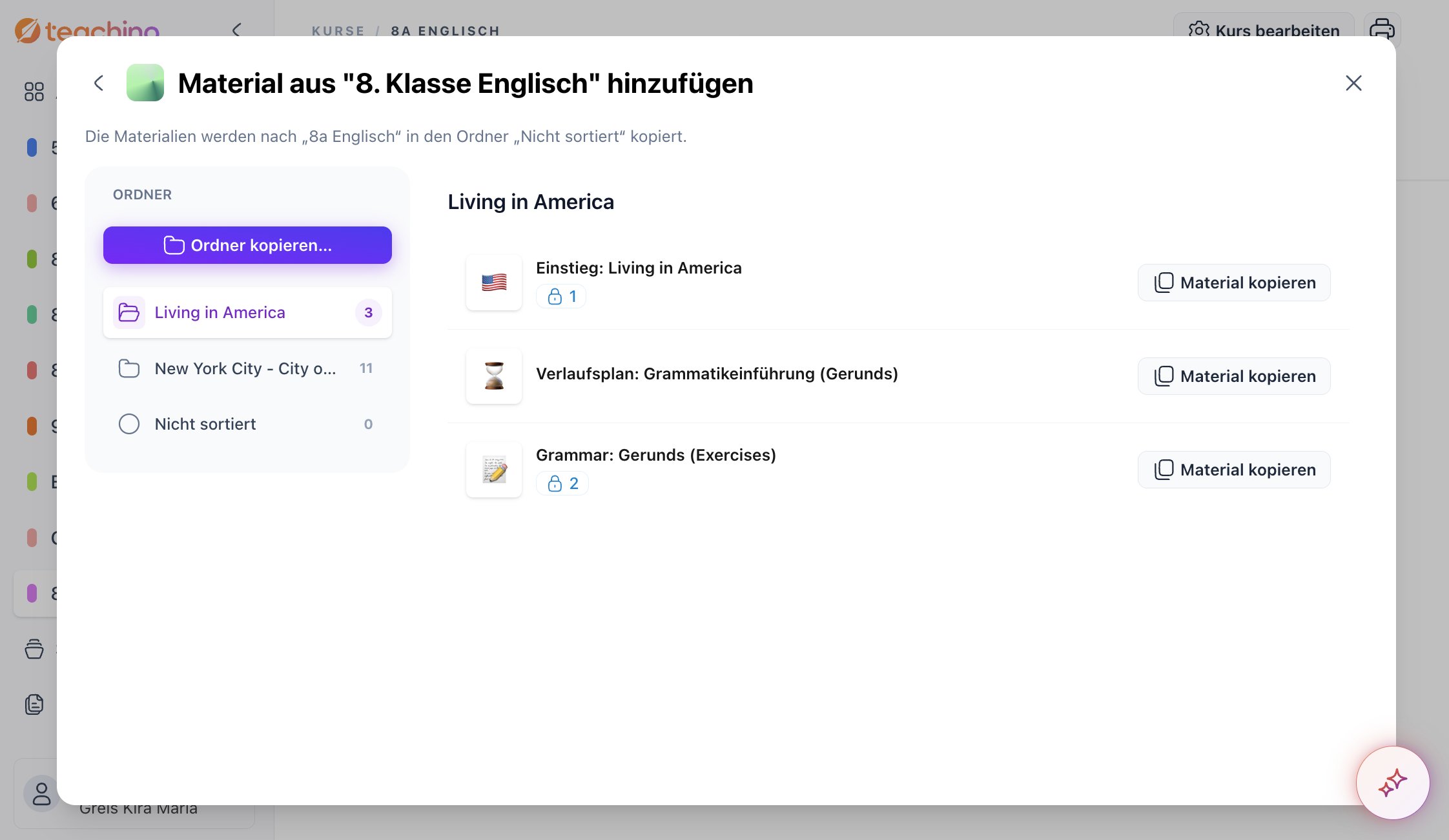 Dialog to add material from "8. Klasse Englisch" into a course
