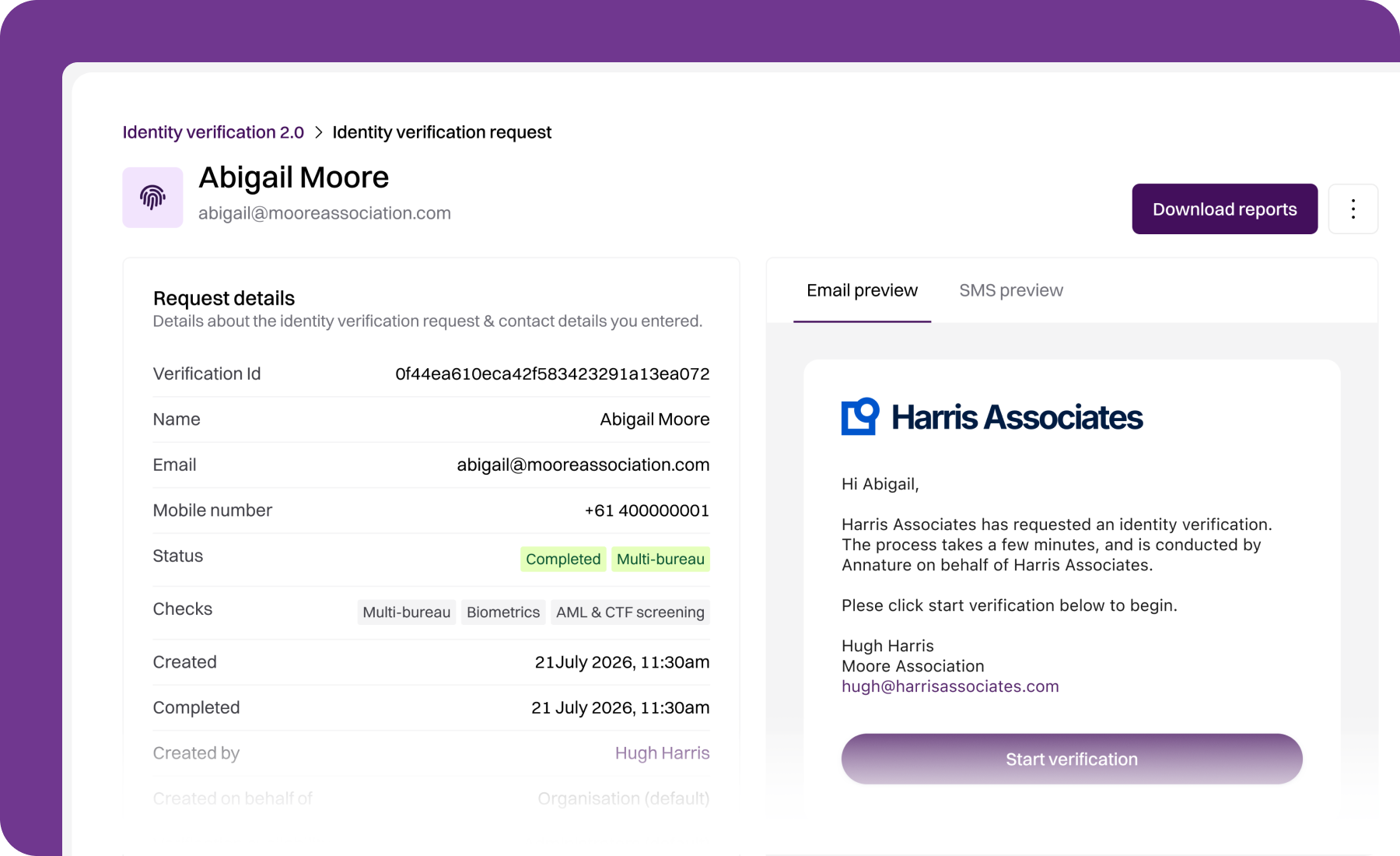 Identity verification request detail page for Abigail Moore