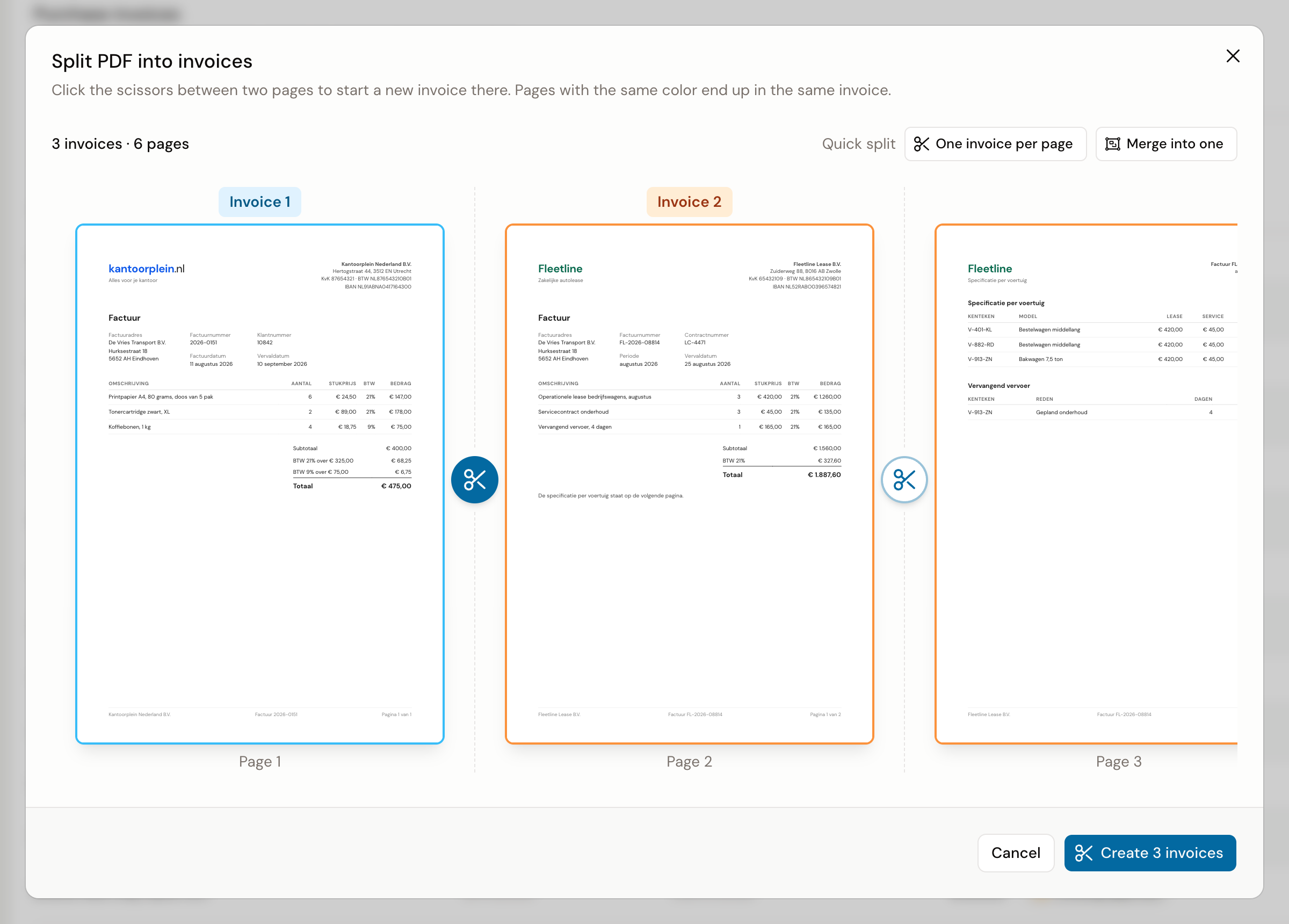 The split workspace with the pages side by side, the scissors between two pages and the counter above the strip