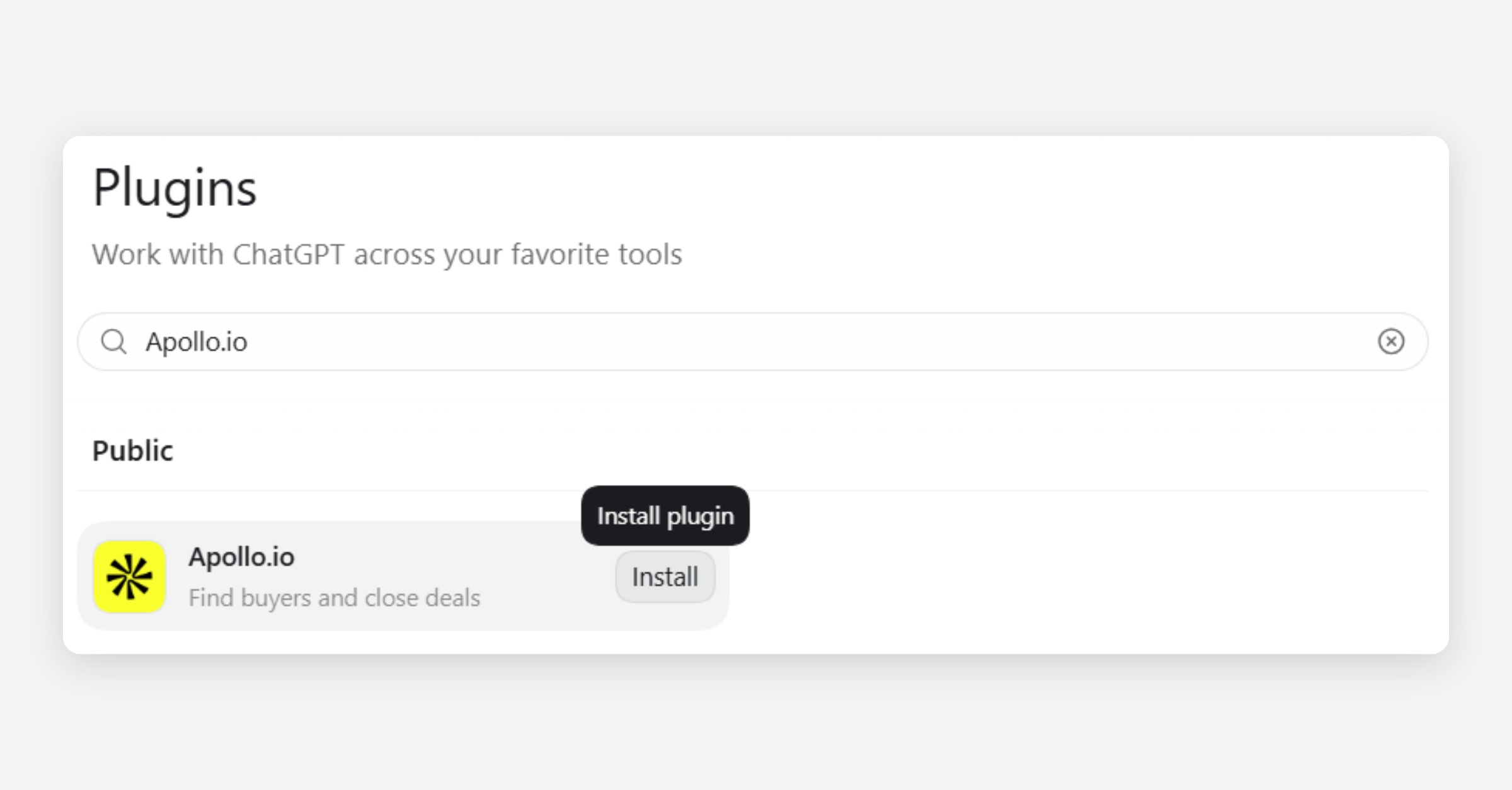 Plugins search results showing Apollo.io plugin with Install button
