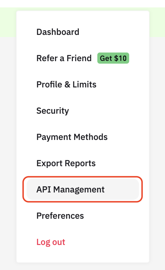 Binance profile menu with API Management selected.