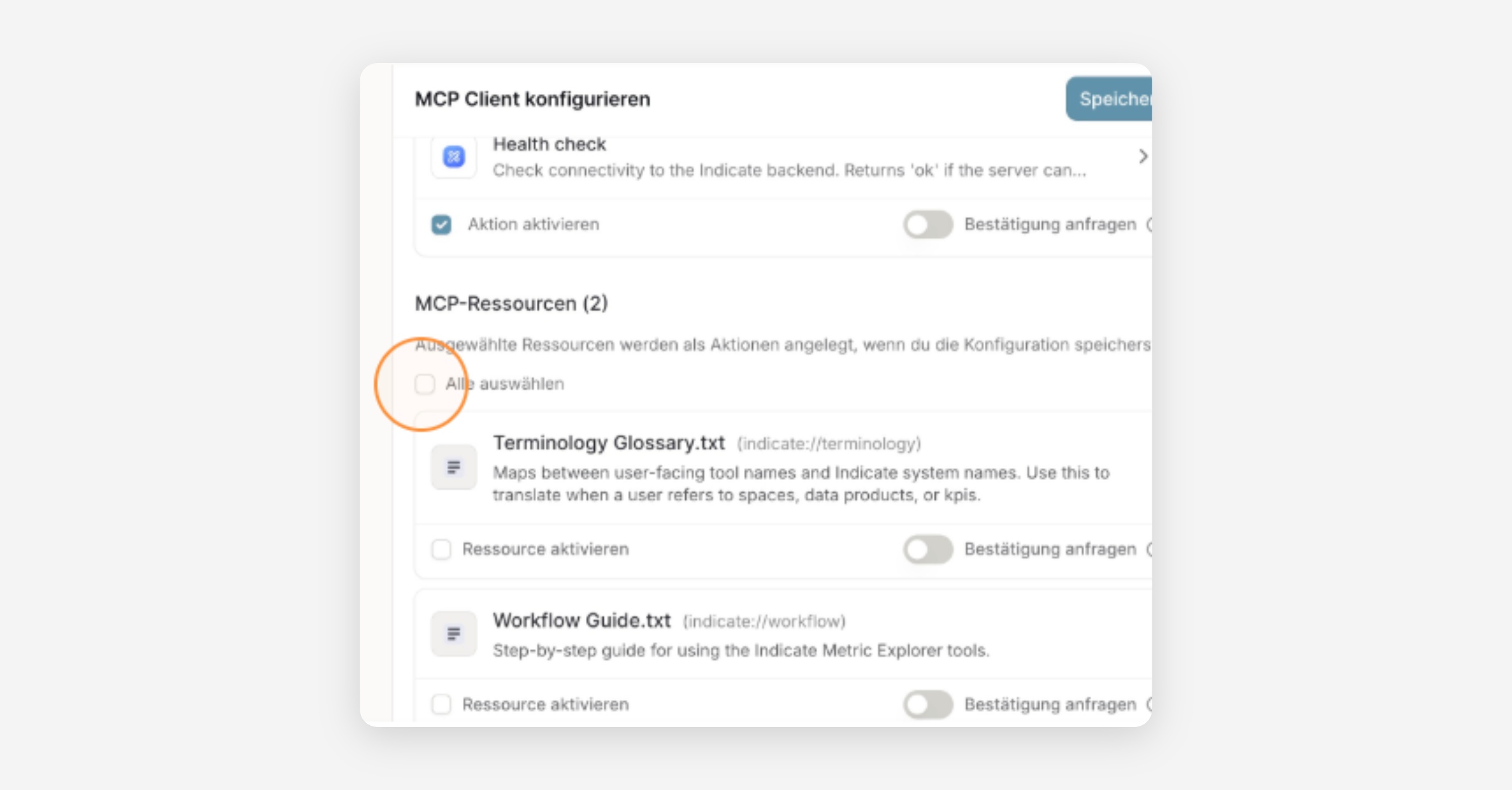 MCP Client konfigurieren settings screen showing actions and resources