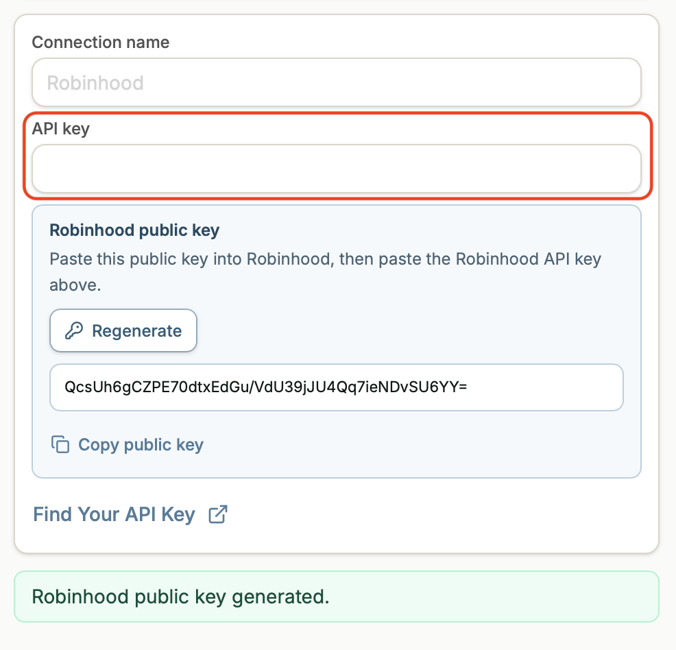 Trussdee Robinhood connection drawer with API key field.