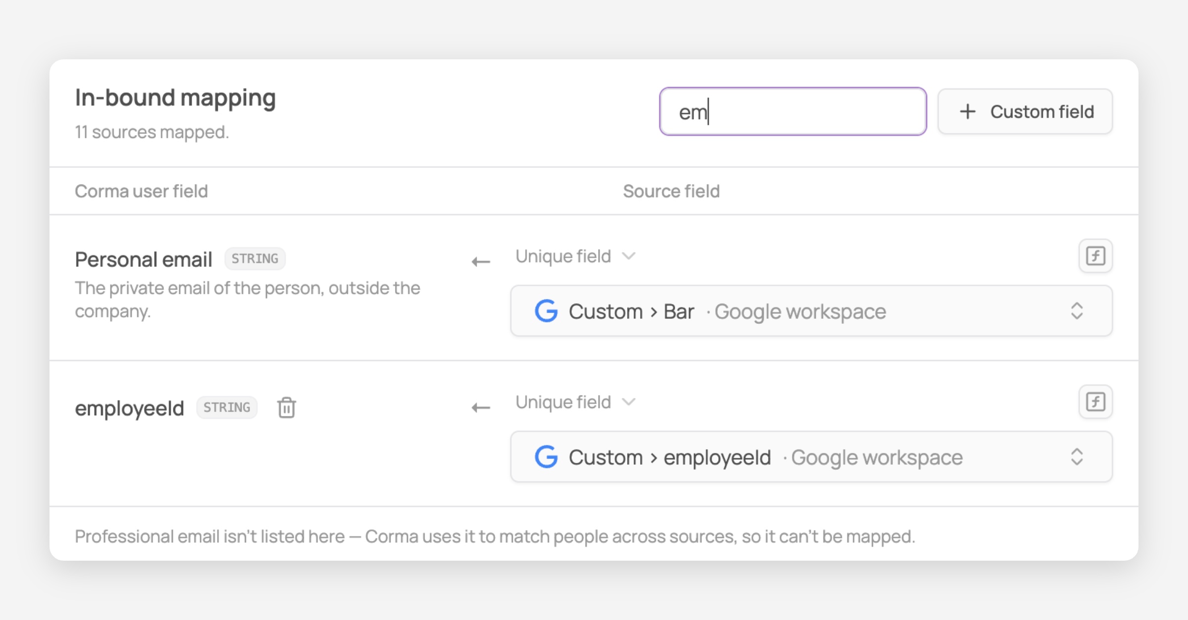 In-bound mapping screen in Corma with a search box filtered to "em" and two mapped fields from Google workspace