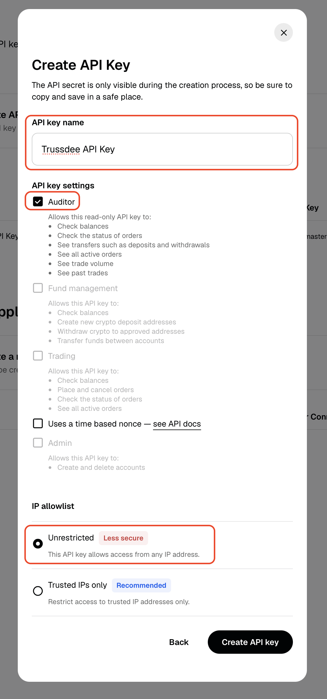 Gemini API key form with Auditor permissions and unrestricted IP allowlist selected.