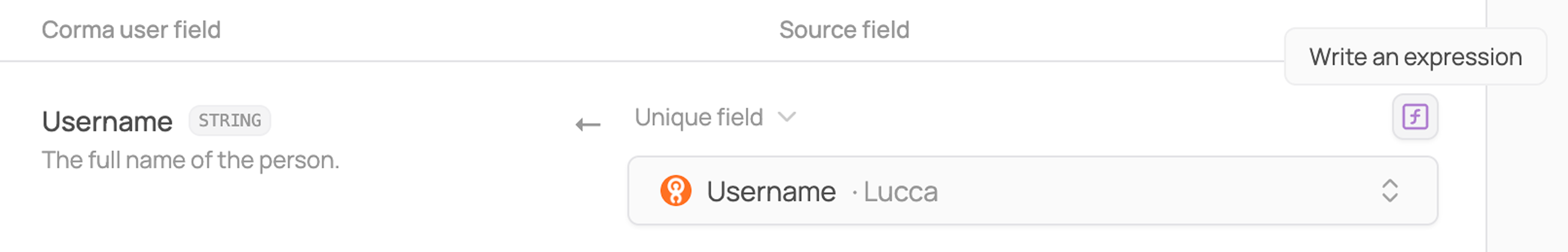 Field mapping row linking the Corma Username field to a Lucca Username source field, with a Write an expression tooltip