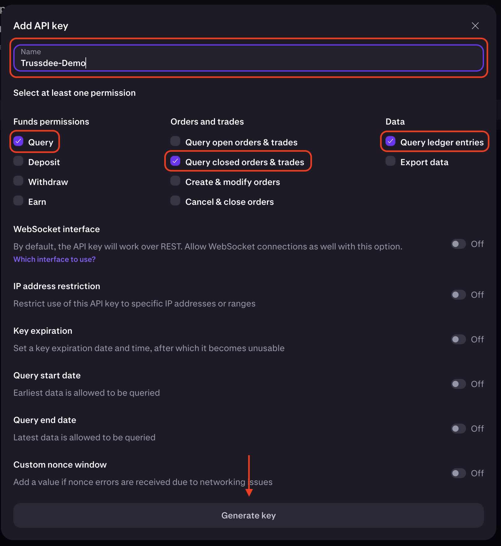 Kraken Pro API key permissions with query permissions selected.