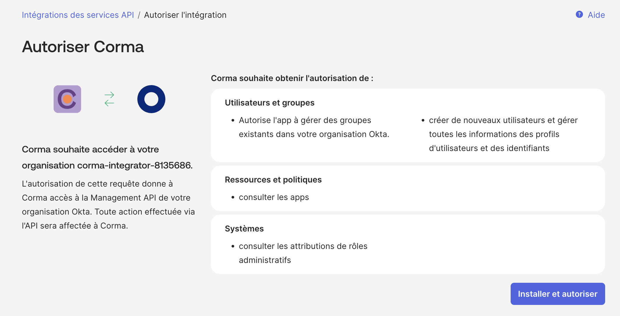 Autoriser Corma page requesting Okta org permissions before install