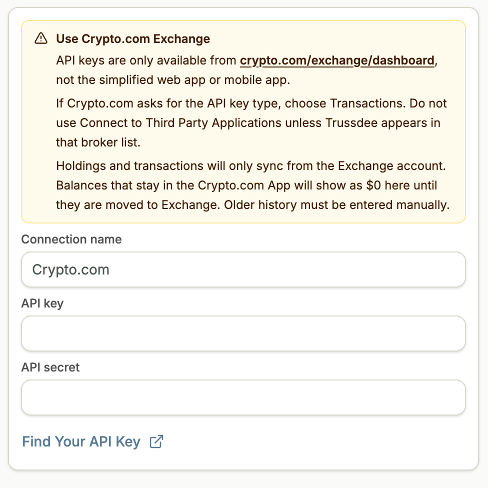 Trussdee Crypto.com connection form for API key and API secret.