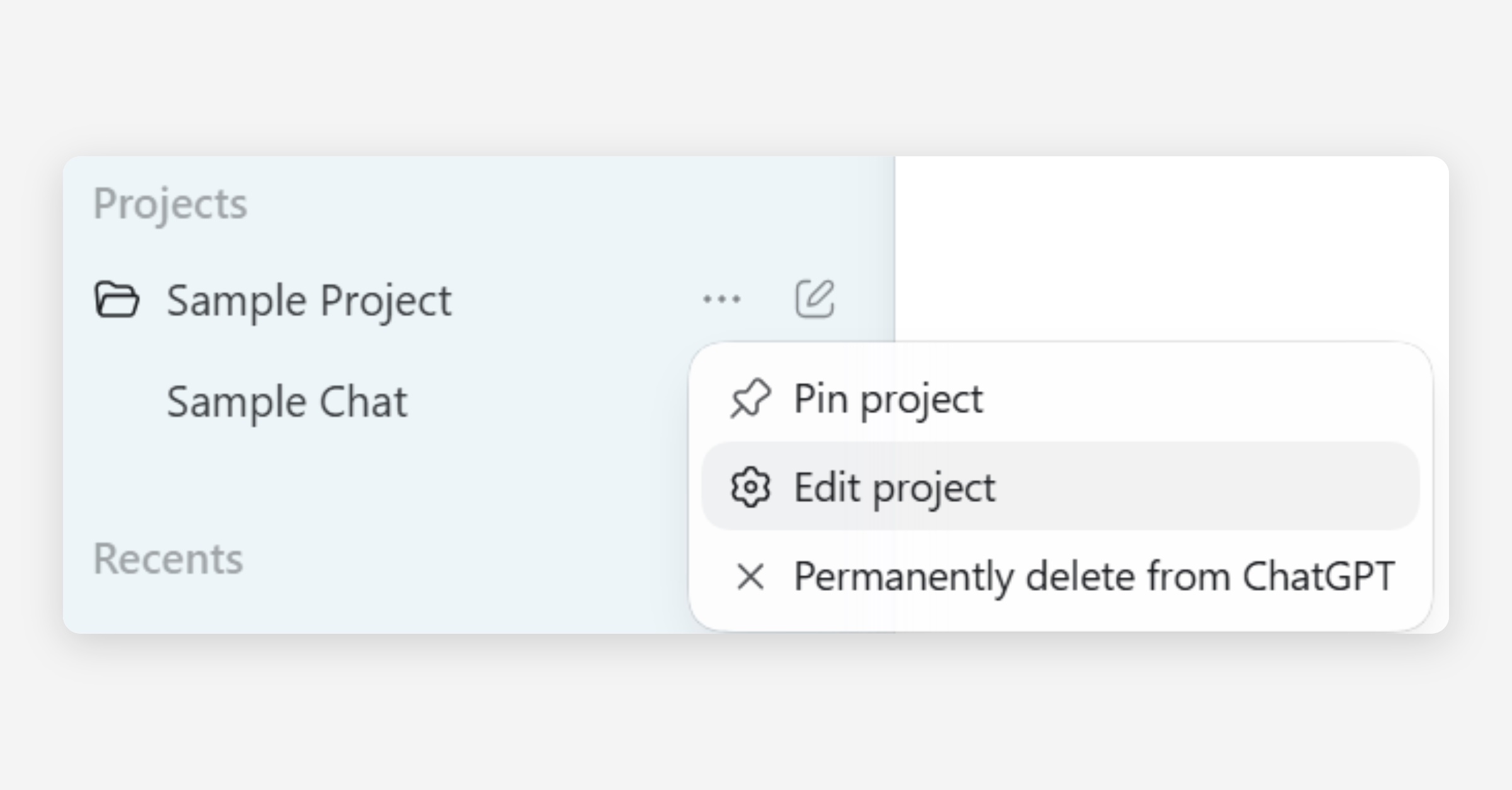 Project options menu open on Sample Project in ChatGPT sidebar