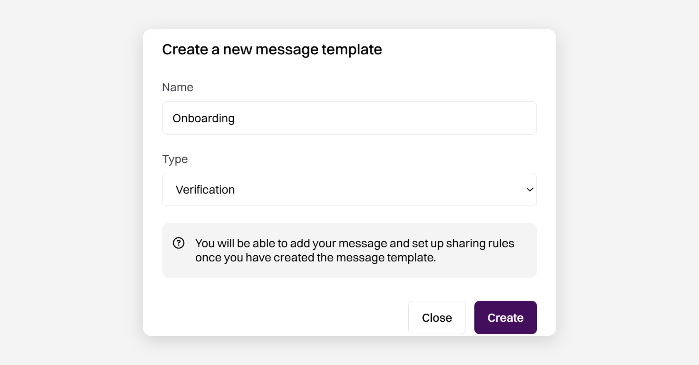Create a new message template dialog