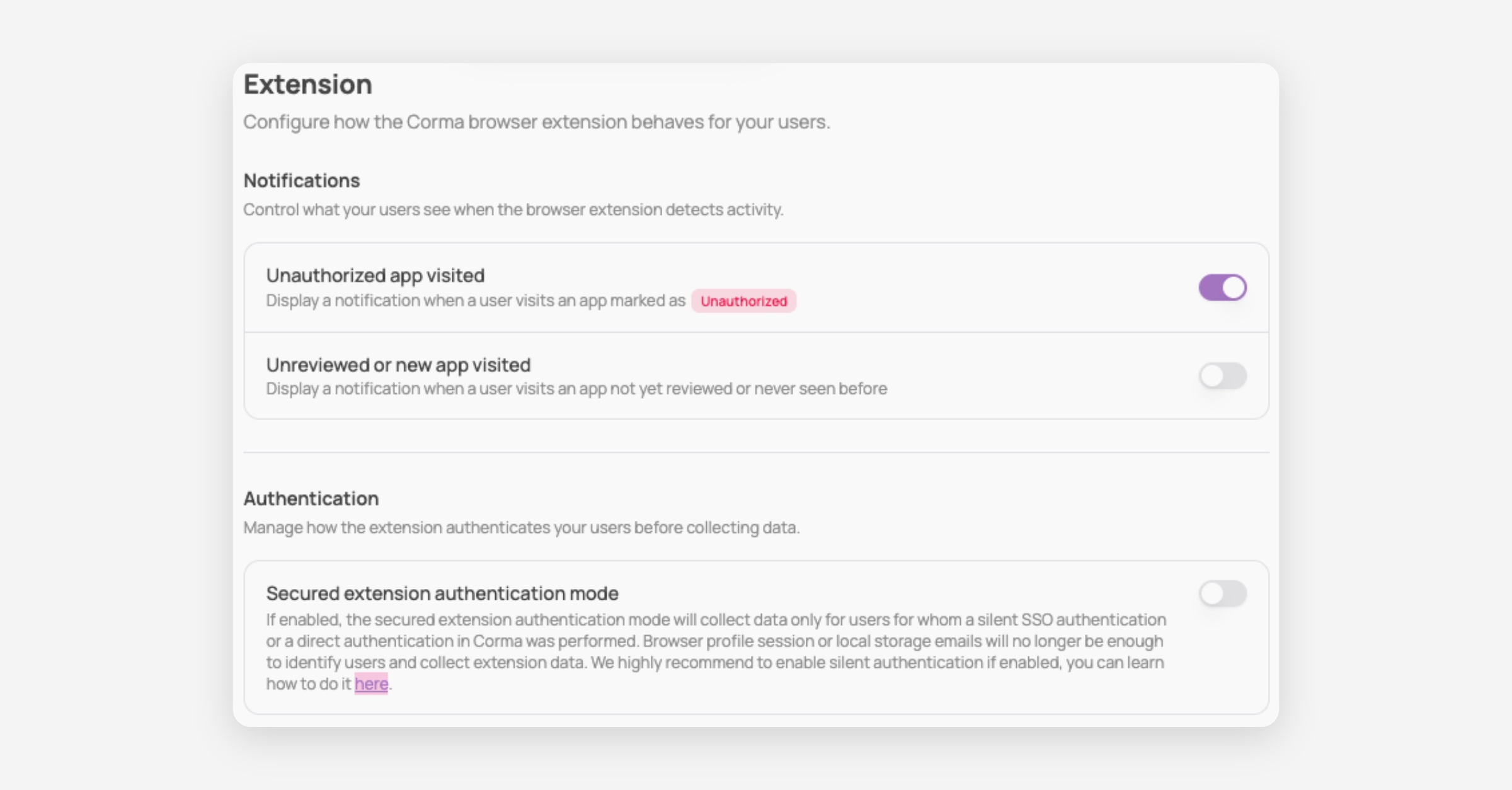 Extension settings page with Notifications and Authentication sections