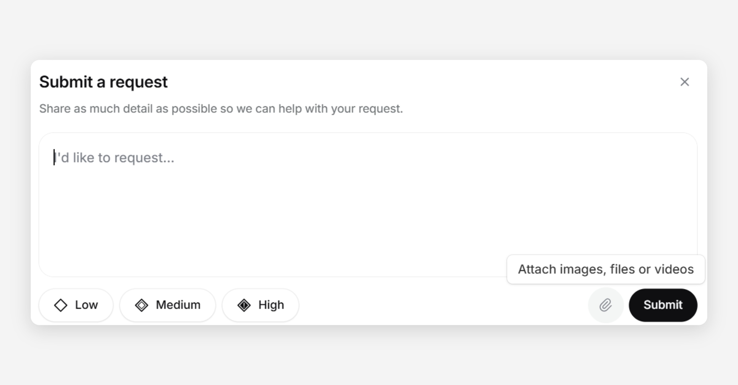 Submit a request dialog with priority selection and attachment option