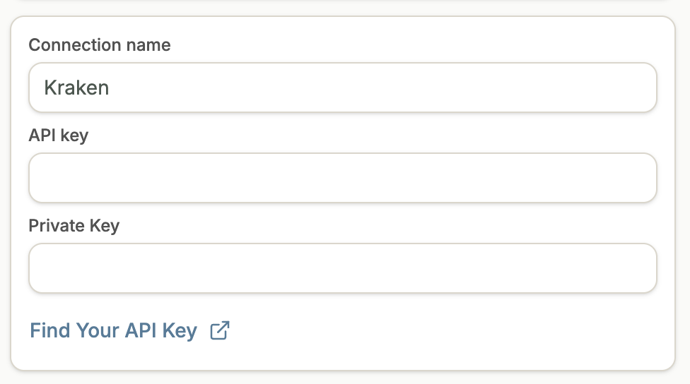 Trussdee Kraken connection form for API key and Private key.