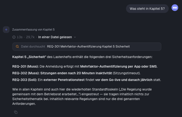 Antwort auf eine Frage zu einem Lastenheft mit aufgeklapptem Schritt „Datei durchsucht“
