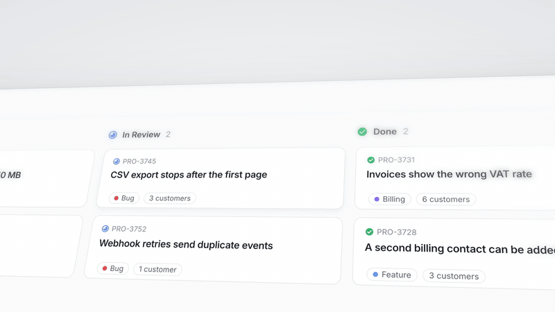 A Linear issue moves to Done, and the Productlane Agent tells the customer who asked that the fix is live