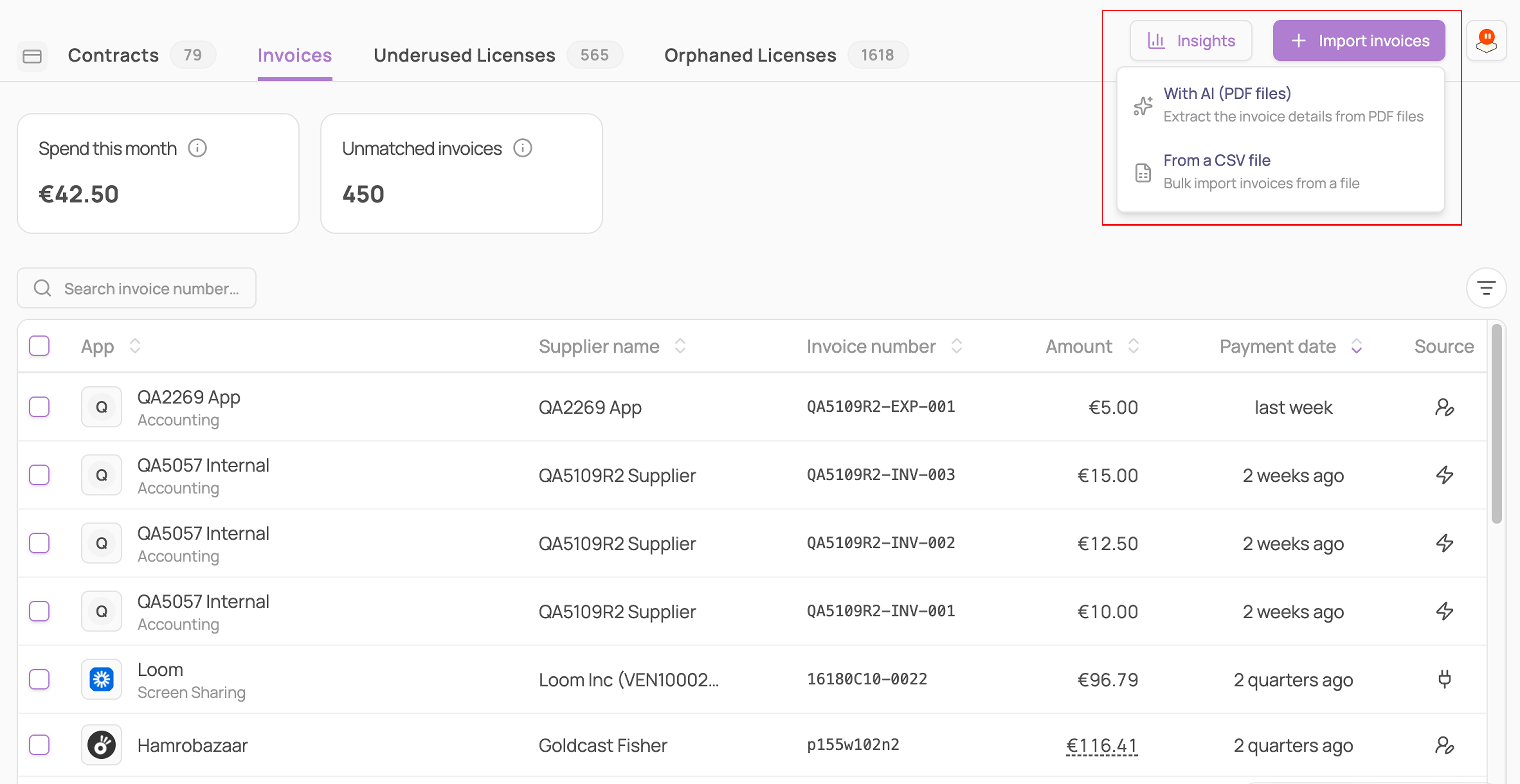 Invoices tab with the Import invoices menu open, showing With AI (PDF files) and From a CSV file options