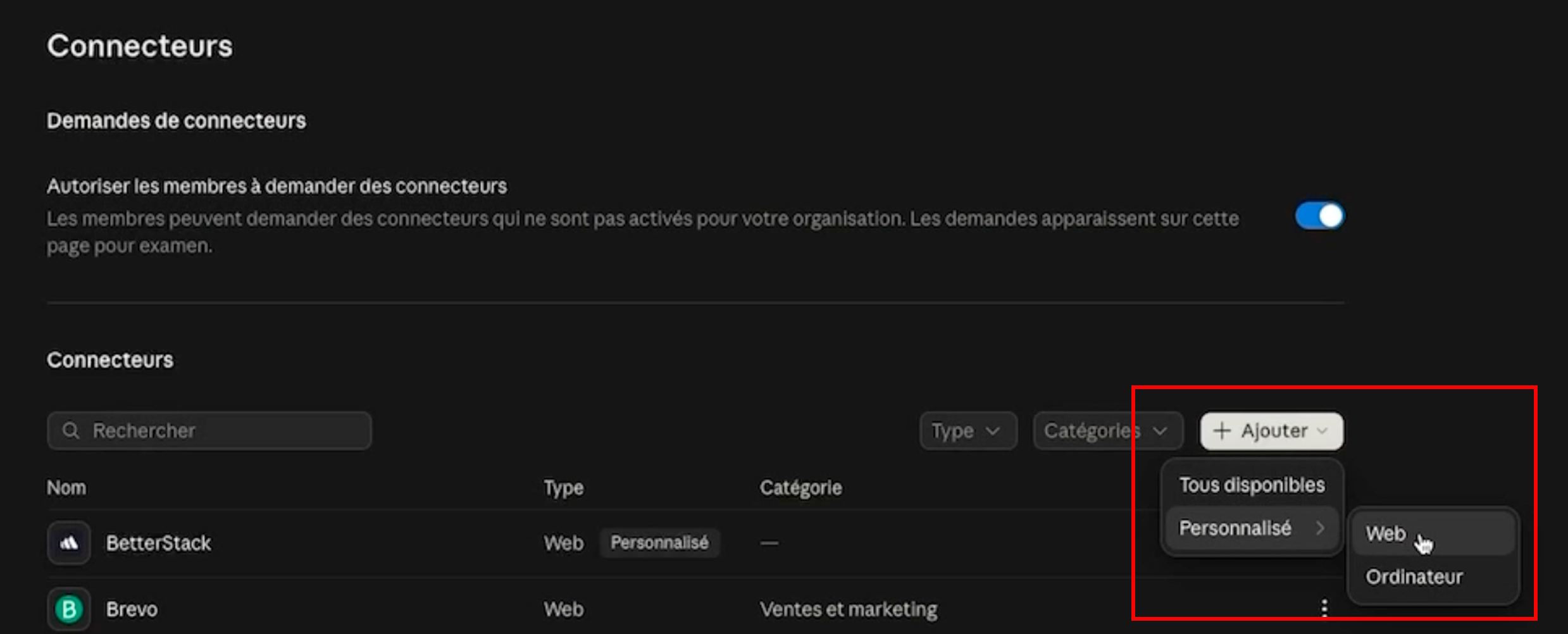 Page Connecteurs avec le menu Ajouter ouvert, sous-menu Personnalisé affichant Web et Ordinateur, entouré en rouge