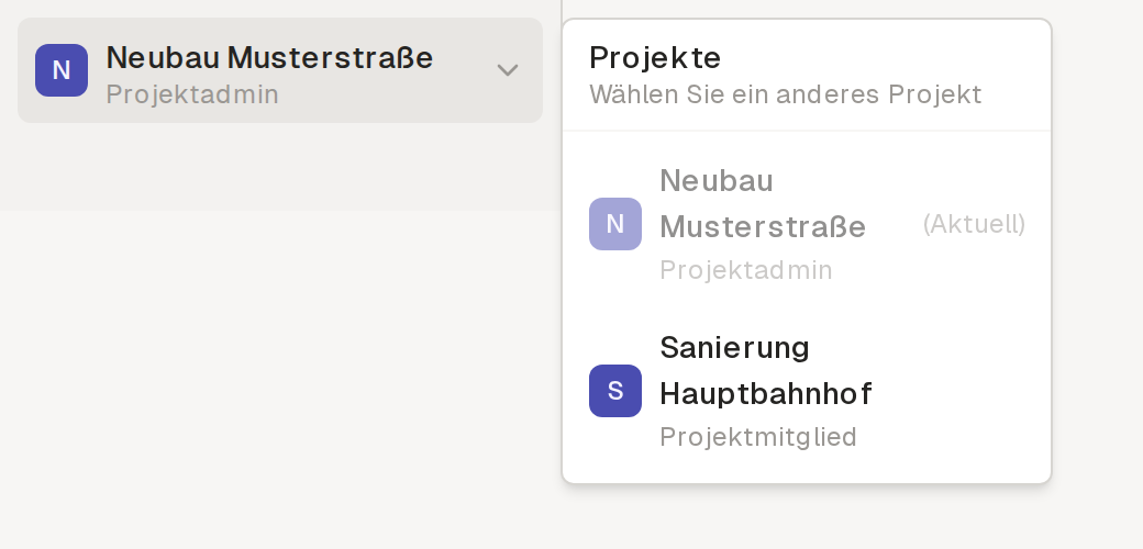 Project switcher dropdown showing current and other project