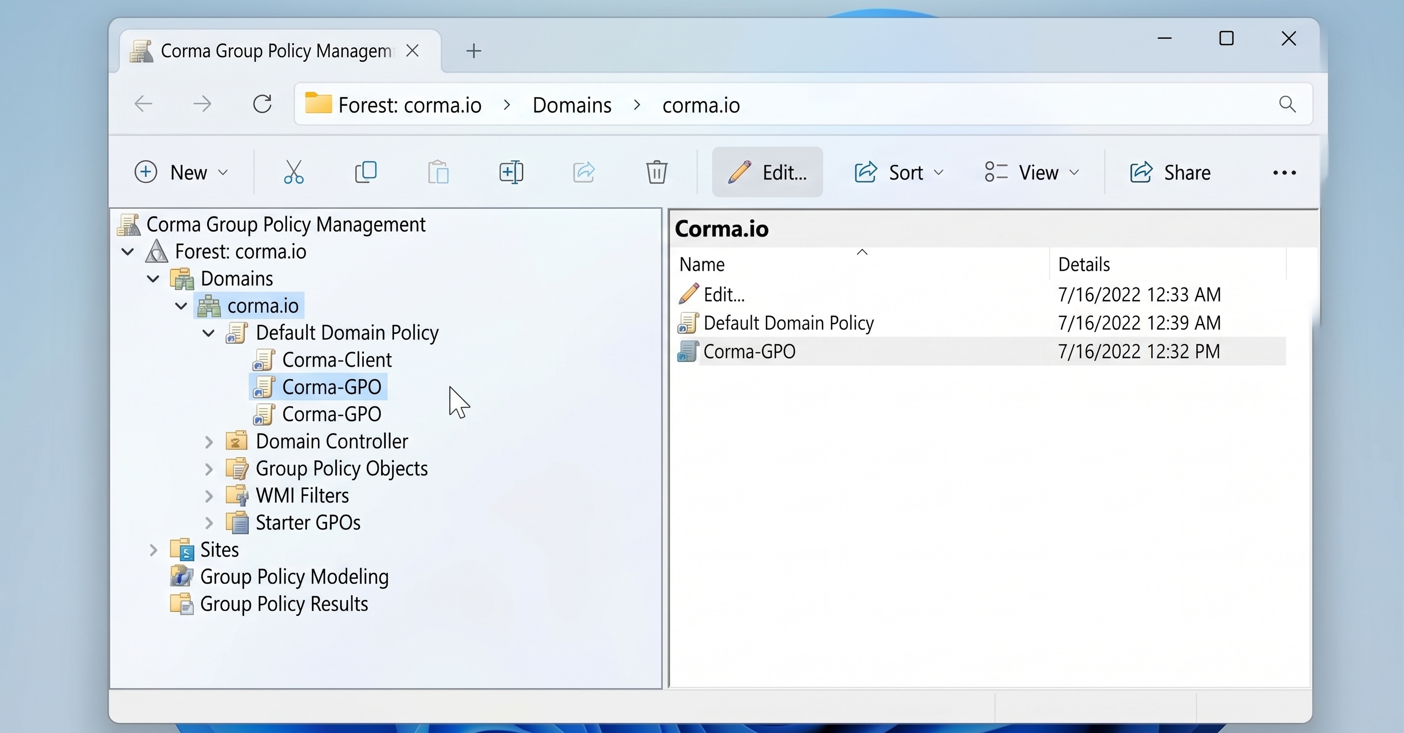 Group Policy Management console showing corma.io domain with GPOs linked under Default Domain Policy