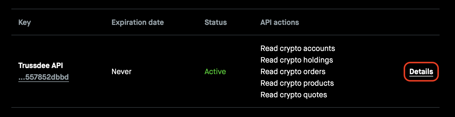Robinhood API key table with Details action.