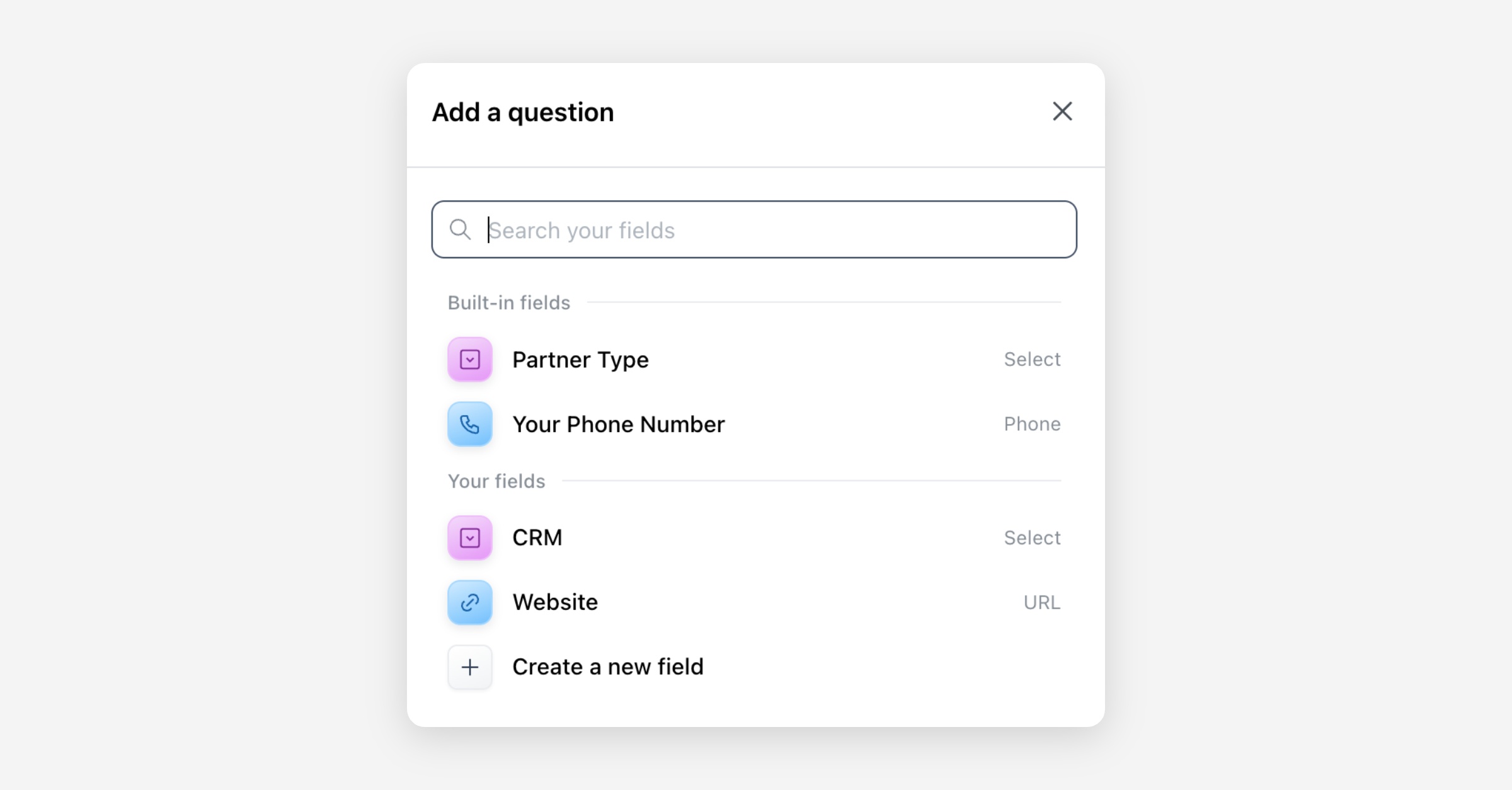 Add a question dialog listing selectable fields