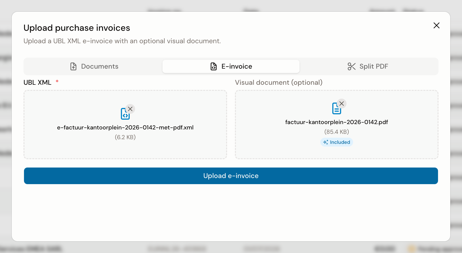 The Visual document field holding the PDF taken from the XML, with the Included badge