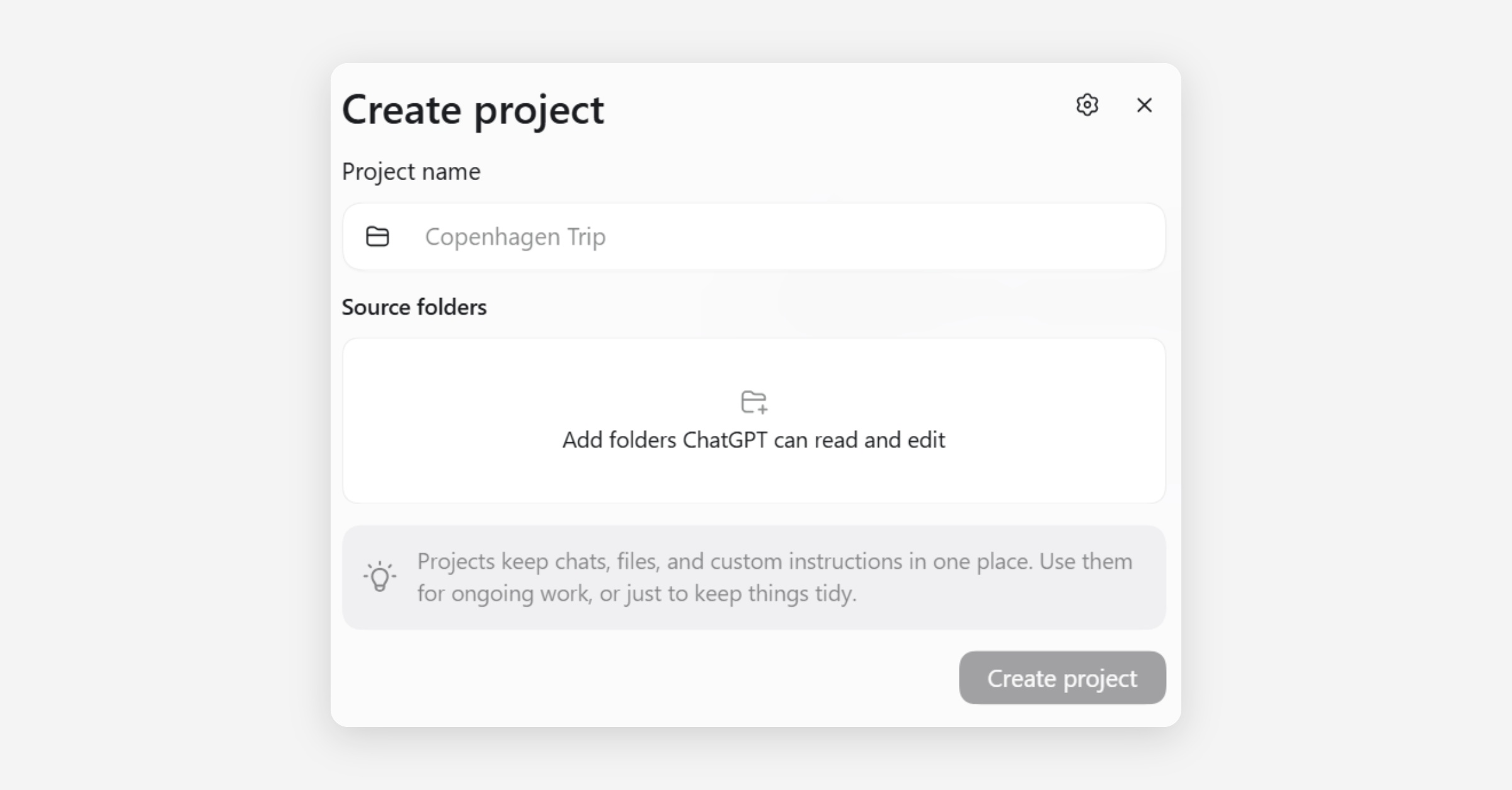 Create project dialog with project name field and source folders option
