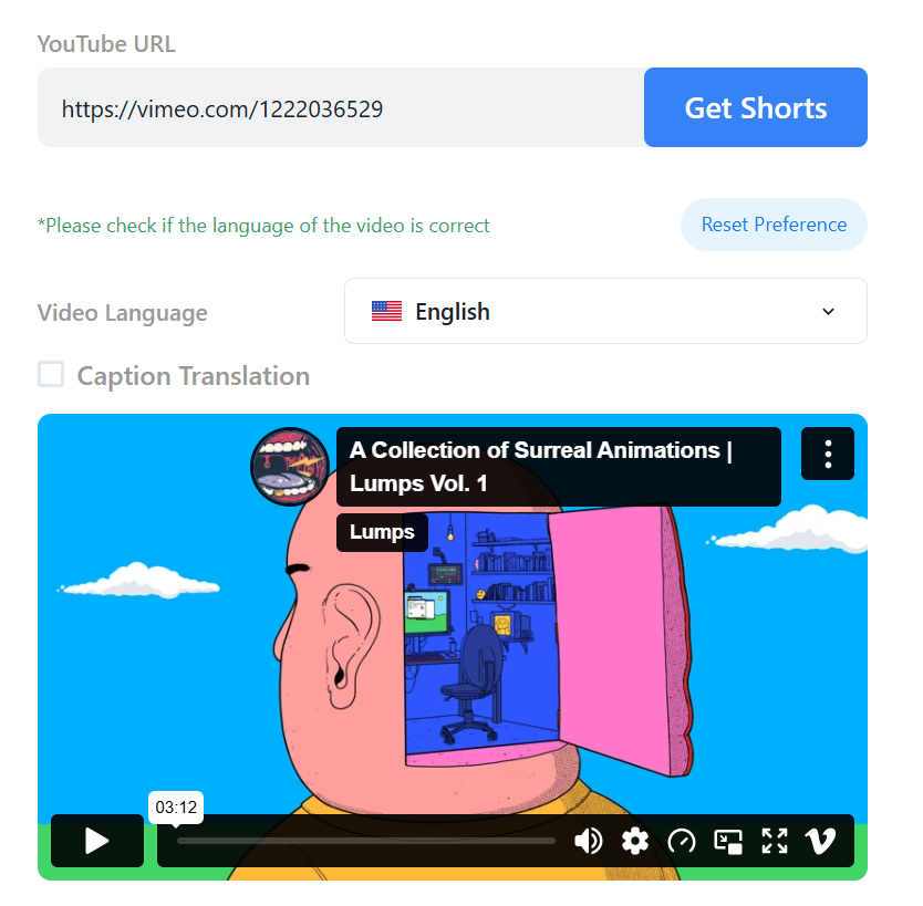 Get Shorts tool with a Vimeo URL loaded and video preview