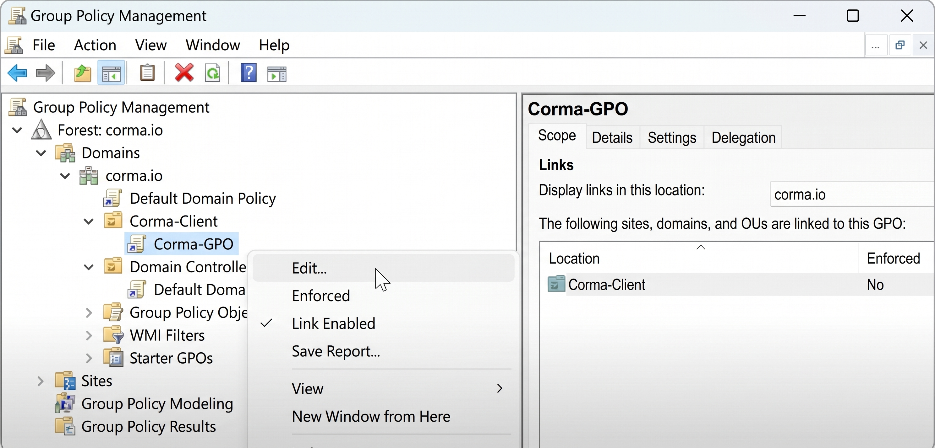 Group Policy Management console showing Corma-GPO context menu