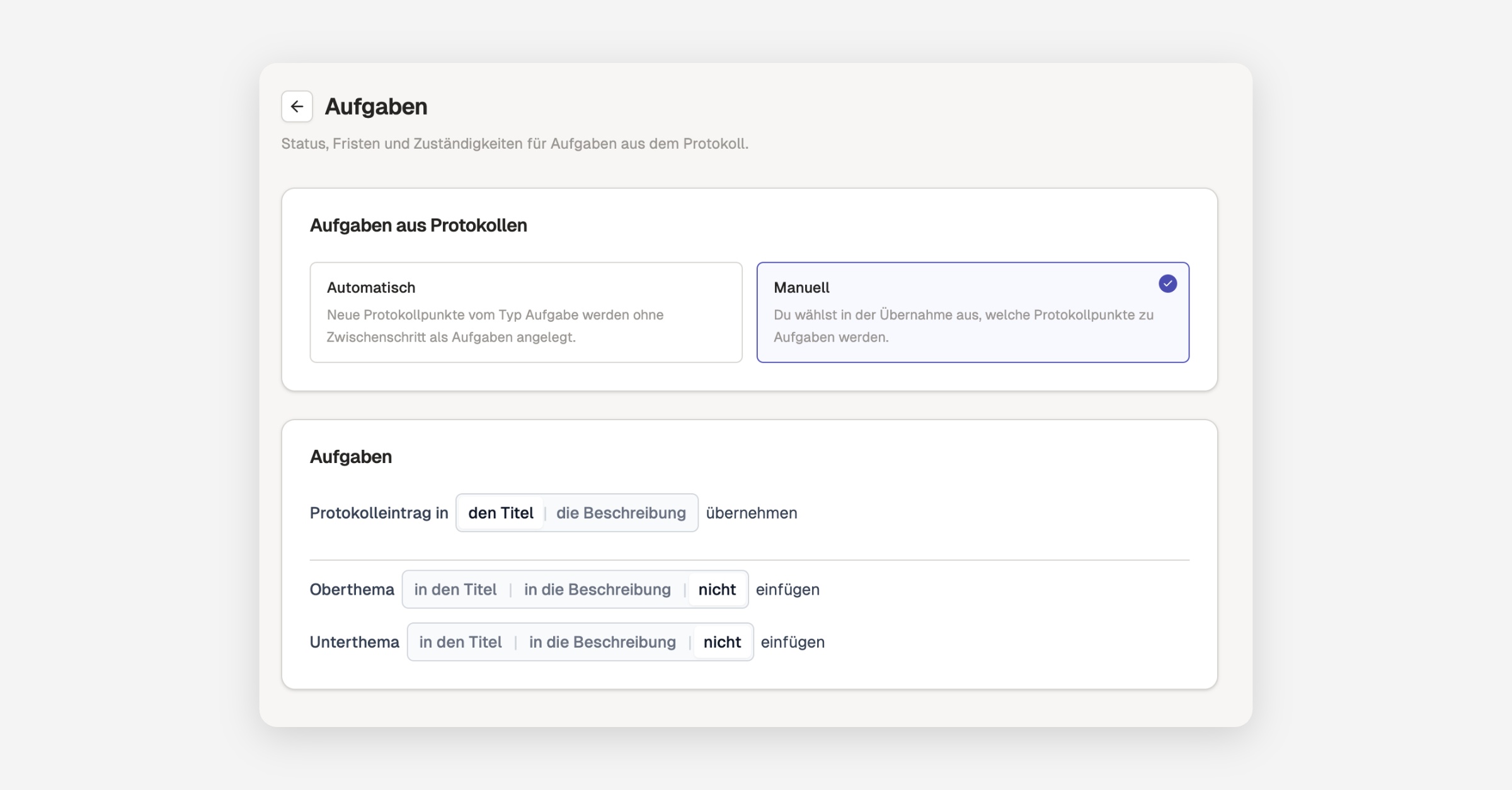Aufgaben settings screen showing task creation mode and field mapping options
